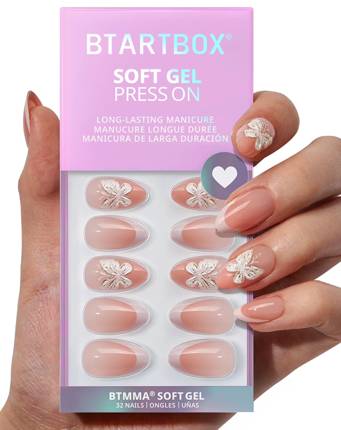 BTArtbox Press On Nails Short - 3D Butterfly French Tip Almond Press On Nails with Glue for Women, Opaque Soft Gel Glue On Nails in 16 Sizes - 32 Stick On Nails Kit, Last Dance