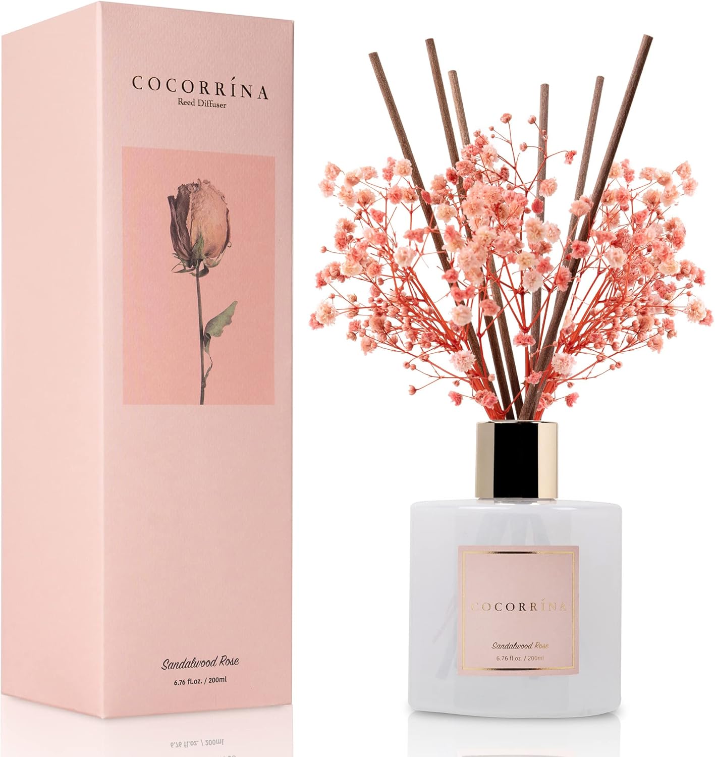 Cocorrína Premium Reed Diffuser Set with Preserved Baby's Breath & Cotton Stick Sandalwood Rose | 6.7oz Scent Fragrance Oil Diffuser for Bedroom Bathroom Home Décor
