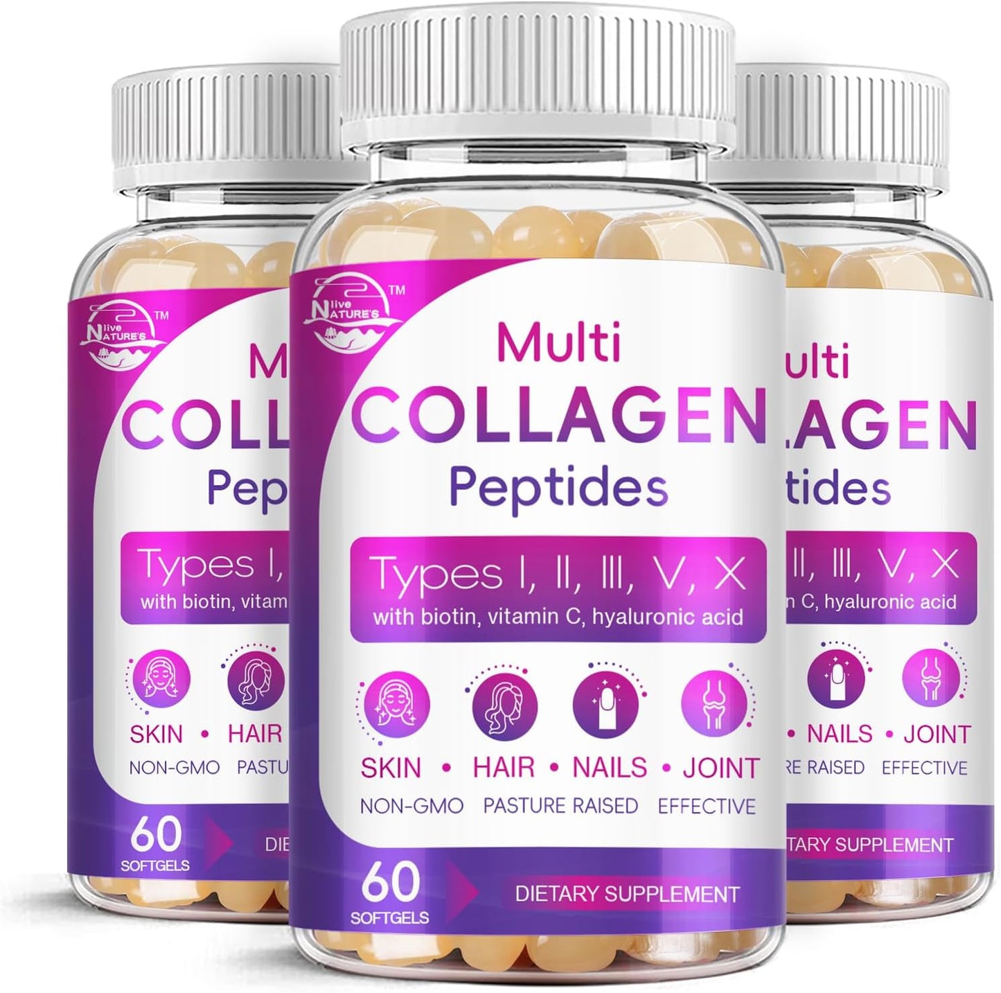 Multi Collagen Peptides Softgel - Type I, II, III, V, X - Hydrolyzed Collagen Peptides with Biotin, Vitamin C, Hyaluronic Acid, Supports Skin Hair Nail, Grass-Fed, Non-GMO, 60 Softgel, 3 Pack