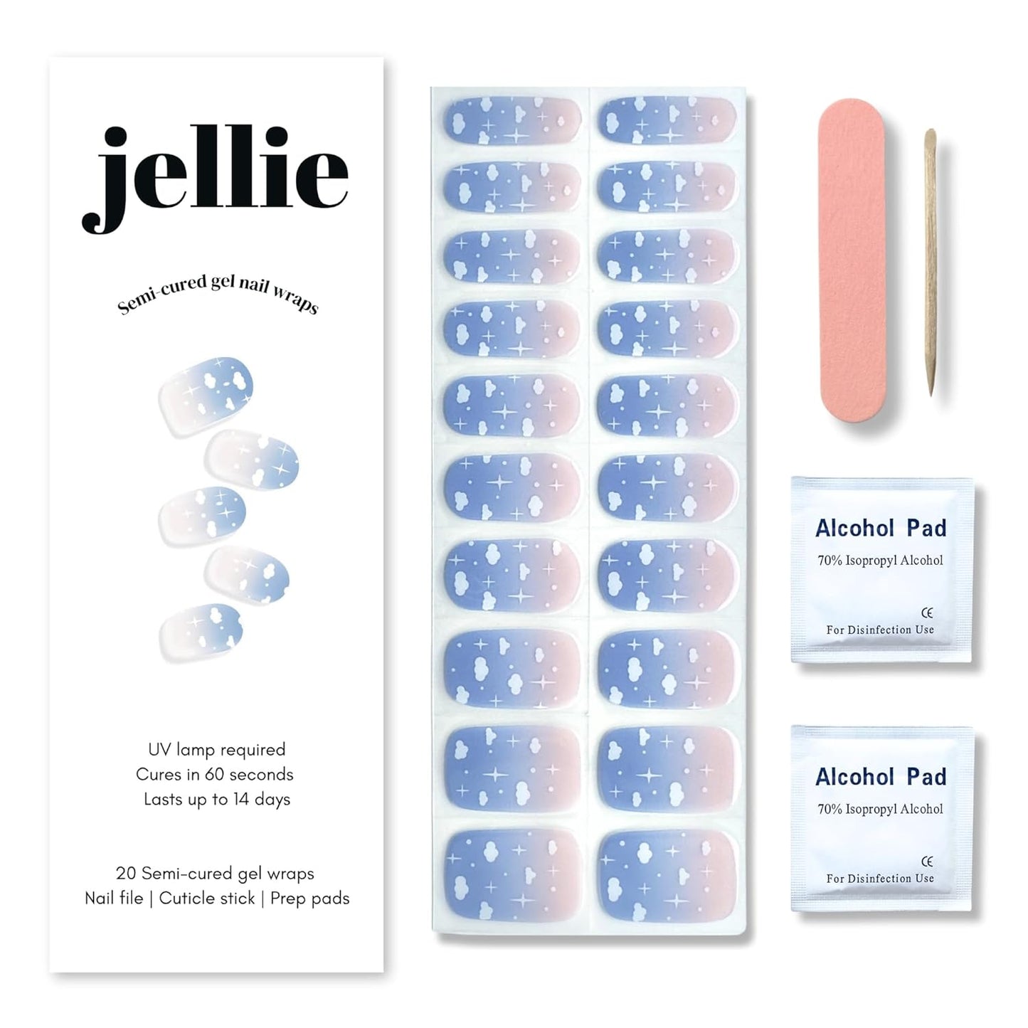 Semi-Cured Gel Nail Strips – 20 Extra-Long Nail Wraps in 10 Sizes – Real Gel Polish Stickers for DIY Manicure at Home – UV/LED Lamp Required – Long-Lasting, Easy to Apply, No Nail Damage