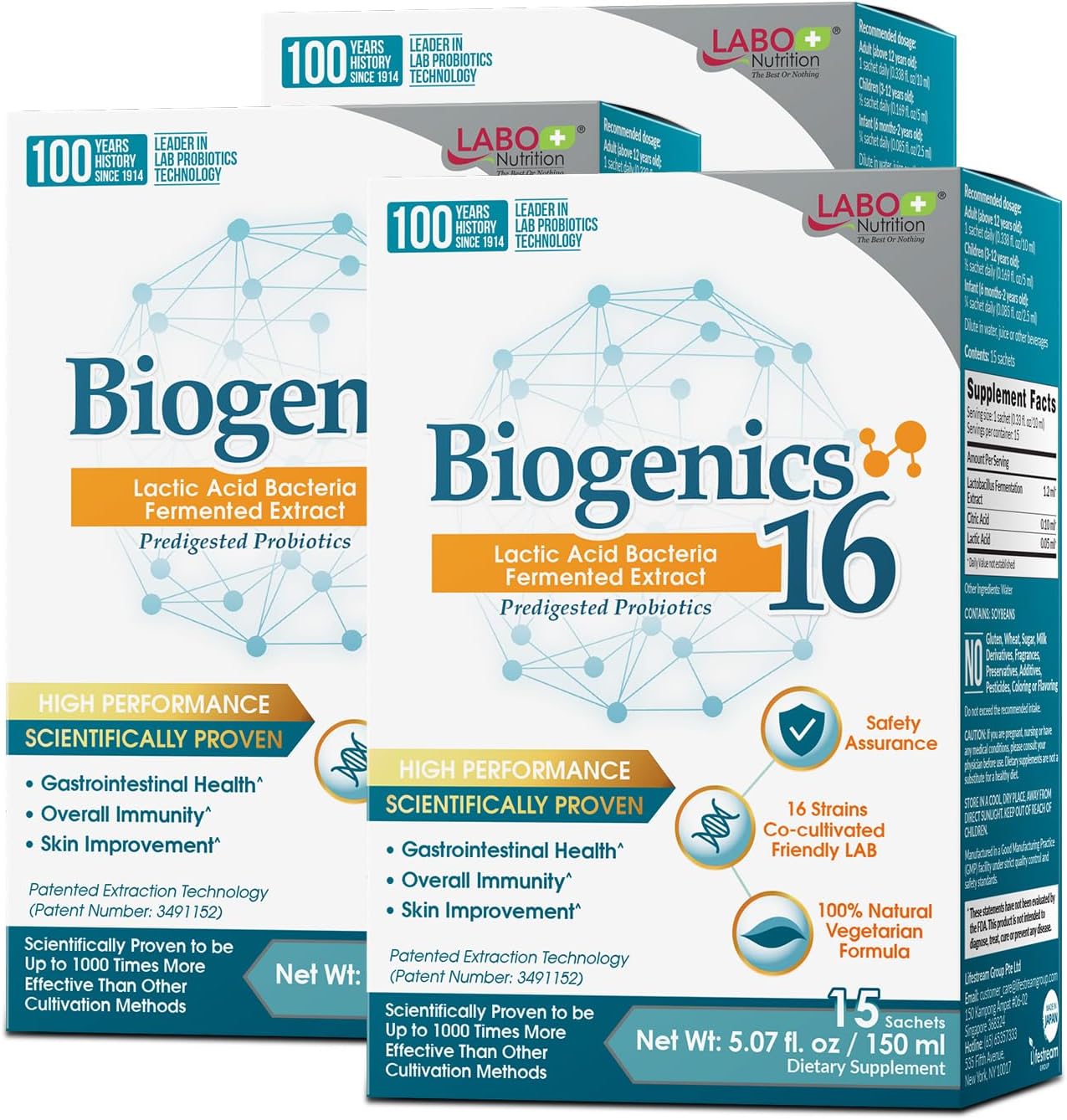 LABO Nutrition Biogenics 16–Lactic Acid Bacteria Fermented Extract 1000x More Effective, Gut Health Support Beyond Probiotics & Prebiotics, Improve Intestinal Skin and Immune Health,10mlx15 sachetsx3