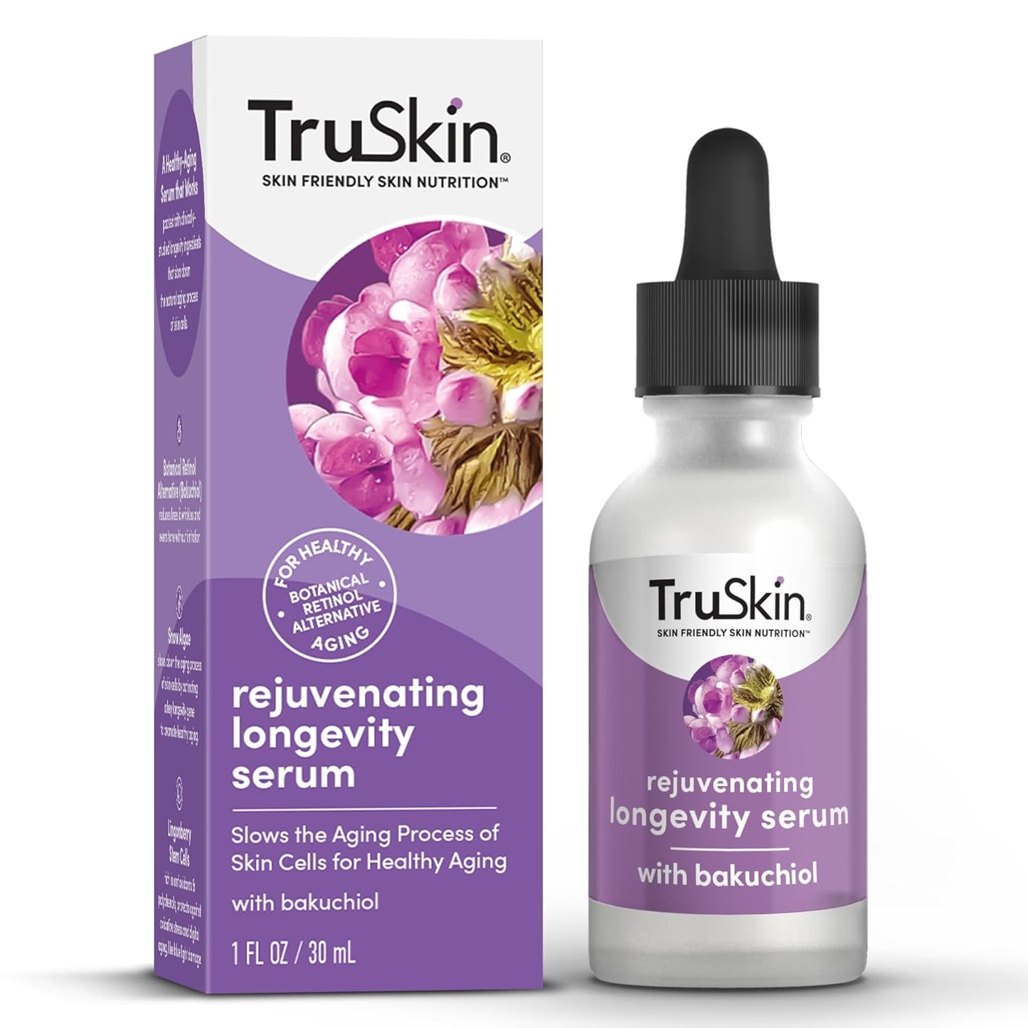 TruSkin Longevity Bakuchiol Serum – Rejuvenating Face Serum with Lingonberry Stem Cells & Snow Algae – Healthy Aging Gentle Retinol Alternative – Improves Appearance of Wrinkles, 1 fl oz