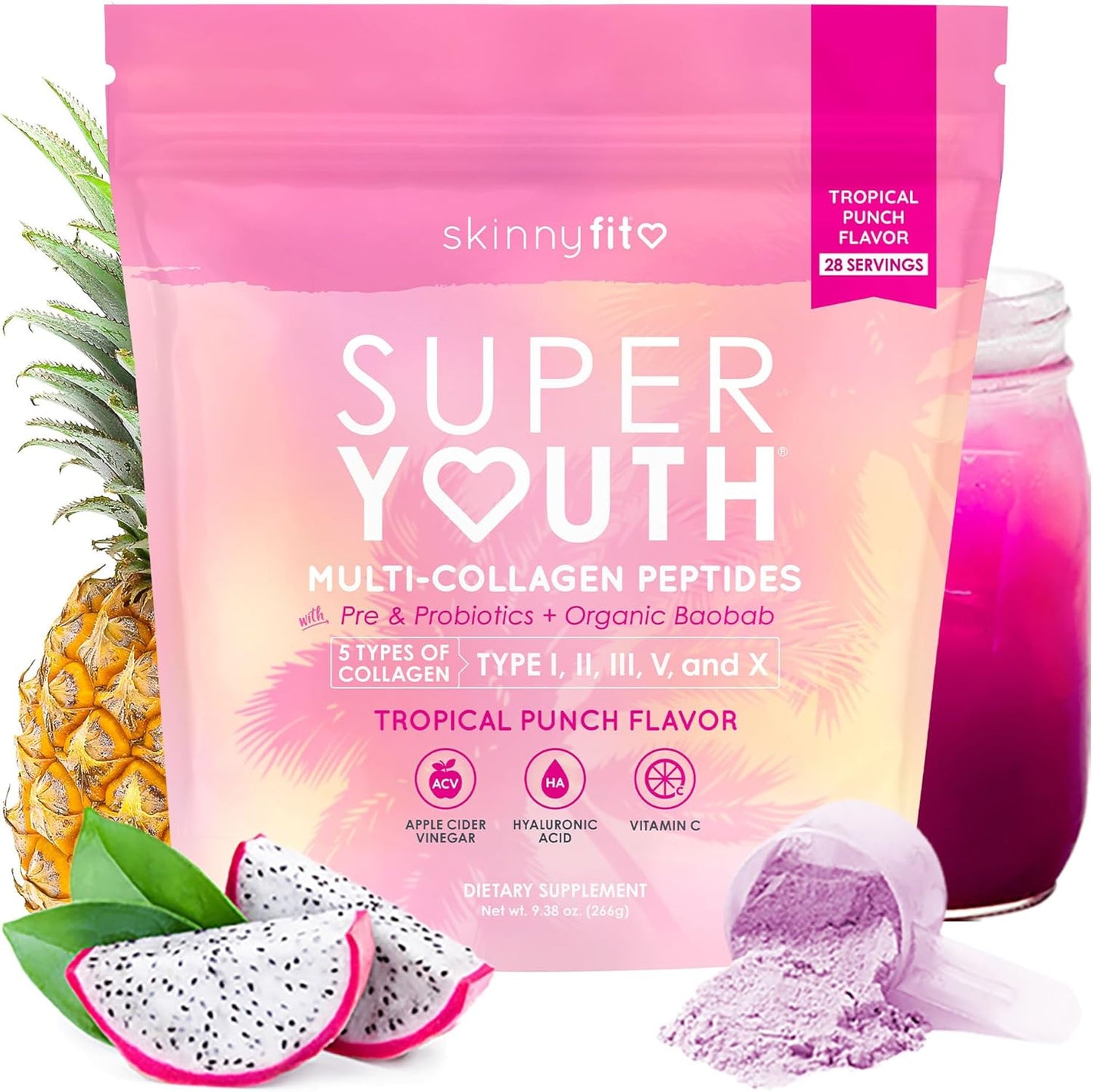 SkinnyFit - Super Youth Collagen for Women - Multi Collagen Peptides Powder - Probiotics, Fiber, Hyaluronic Acid - Non GMO, Gluten Free, Sugar Free - Beauty & Self Care - Tropical Punch (28 Servings)