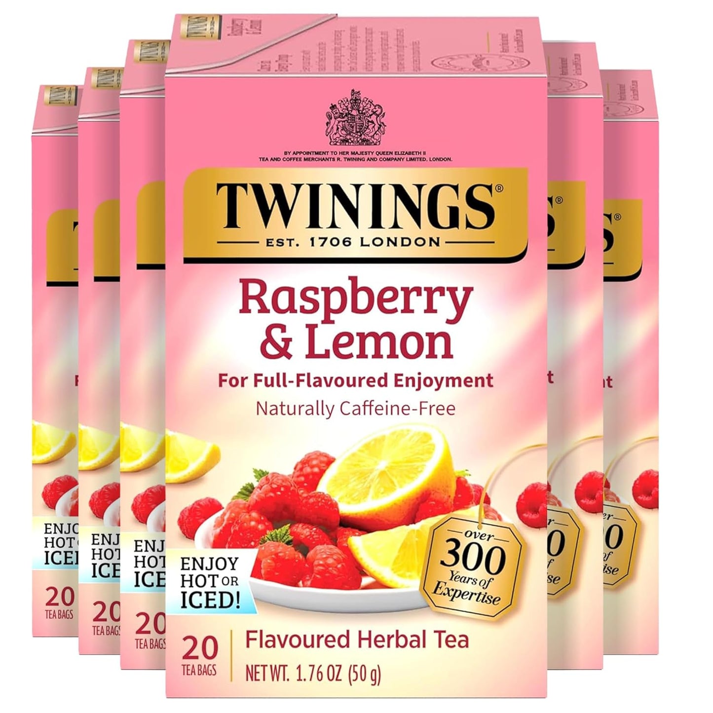Twinings Raspberry & Lemon Herbal Tea Individually Wrapped Bags, 20 Count (Pack of 6), Fruity & Zesty, Naturally Caffeine-Free, Enjoy Hot or Iced, 120 Teabags