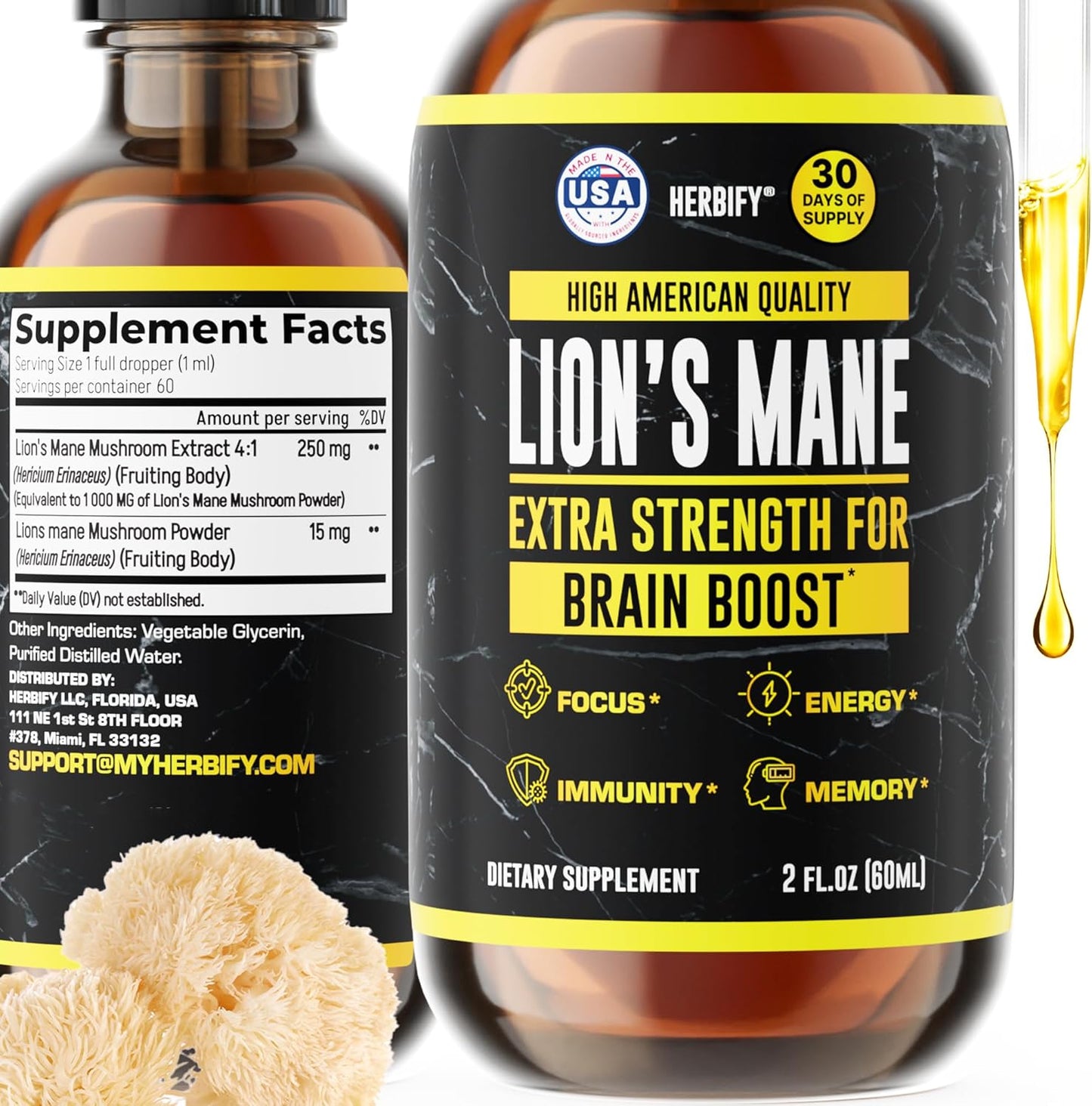 HERBIFY Lions Mane Supplement - Daily Mushroom Supplement for Memory, Focus & Clarity - Brain Booster - Lions Mane Tincture for Immune Support - 2 Fl oz