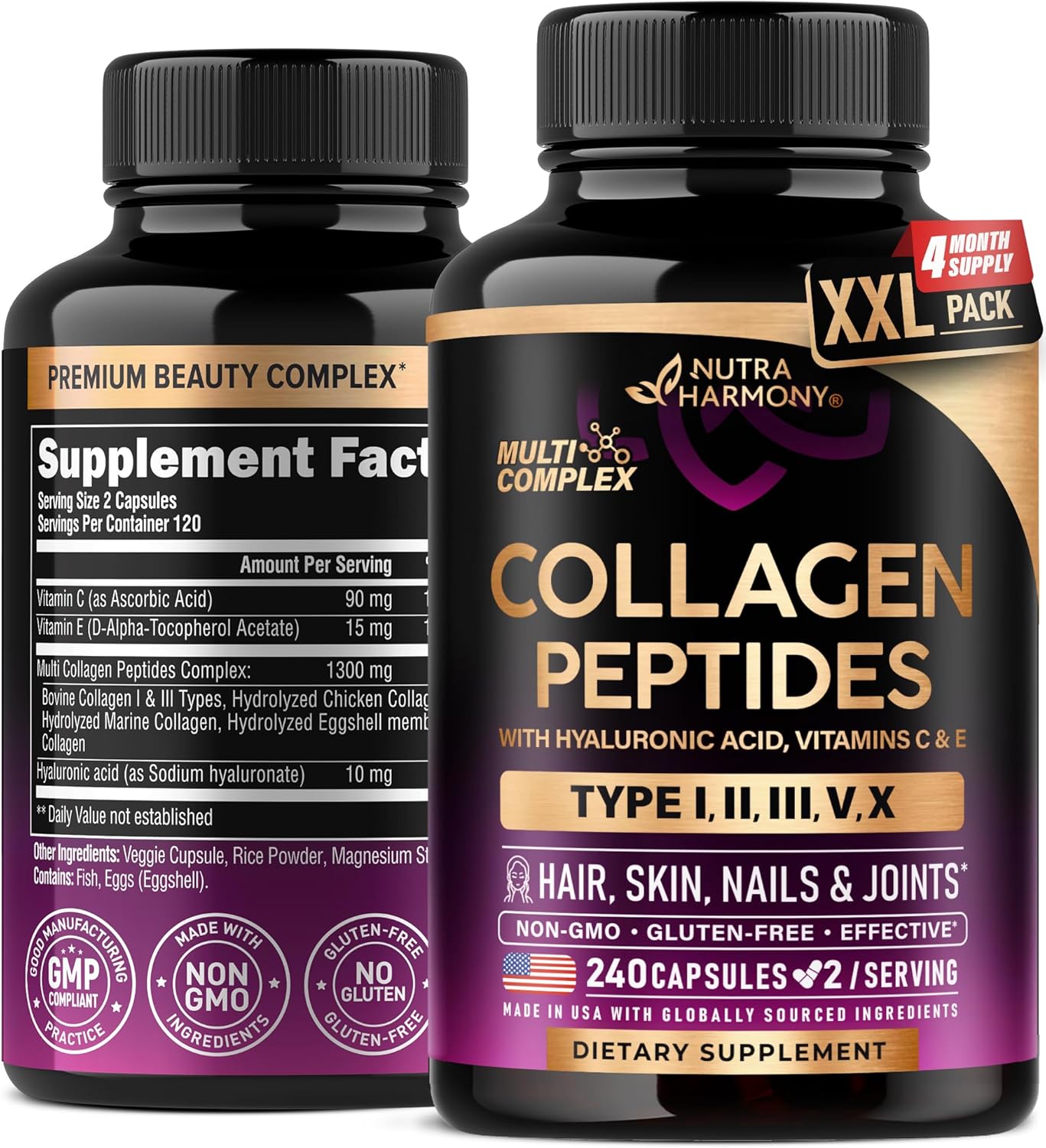 Multi Collagen Peptides - Hydrolyzed Types I, II, III, V & X - Collagen Supplement for Women 1300mg - w/ Hyaluronic Acid, Vitamins C & E - Skin, Hair, Nails & Joint Support - Made in USA, 240 Capsules