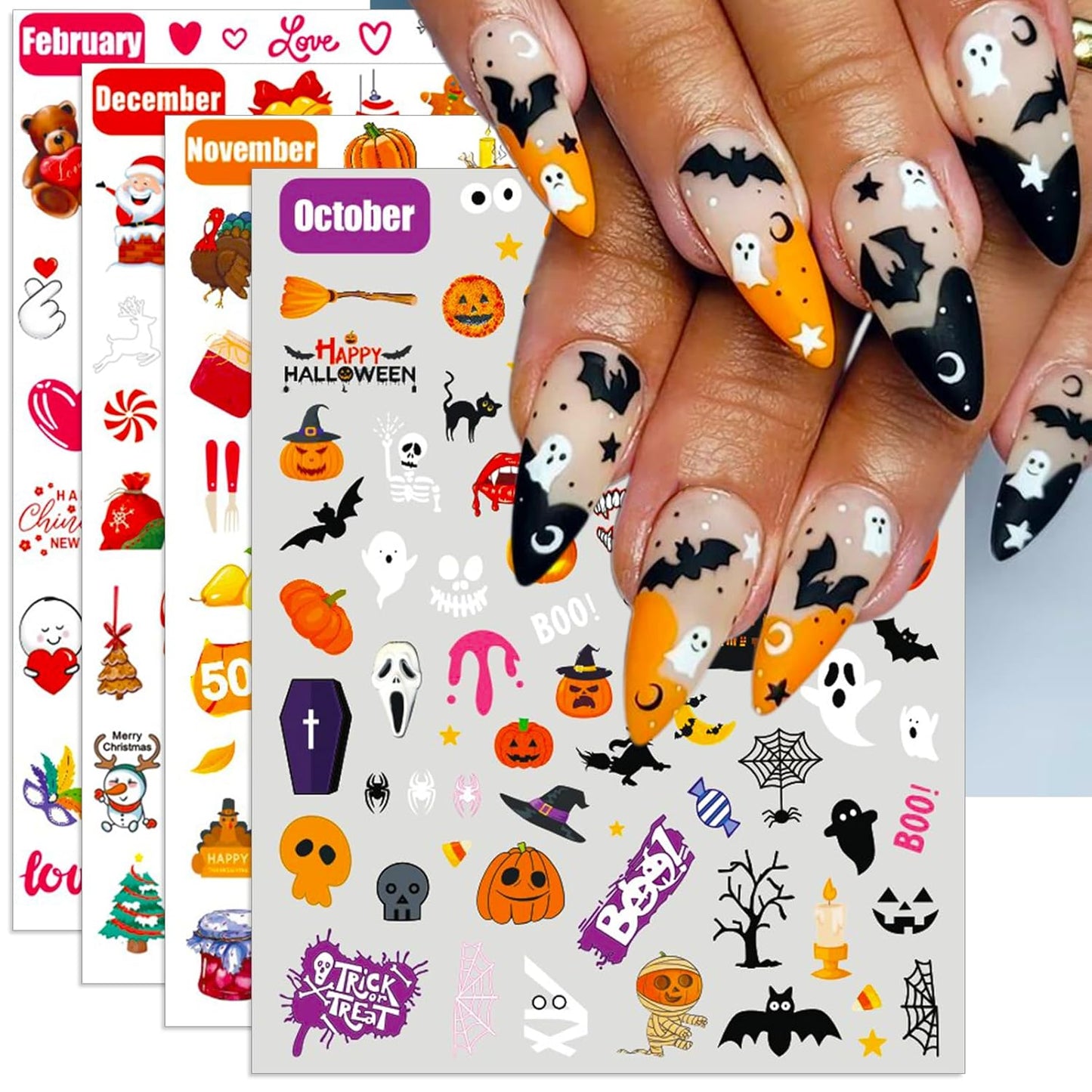 12 Months All Holiday Nail Stickers, 24 Sheets Seasonal Variety Pack 2 Pcs Per Month DIY Nail Art, Self-Adhesive Pegatinas Uñas for a Year of Halloween Christmas Thanksgiving&Valentine’s Day