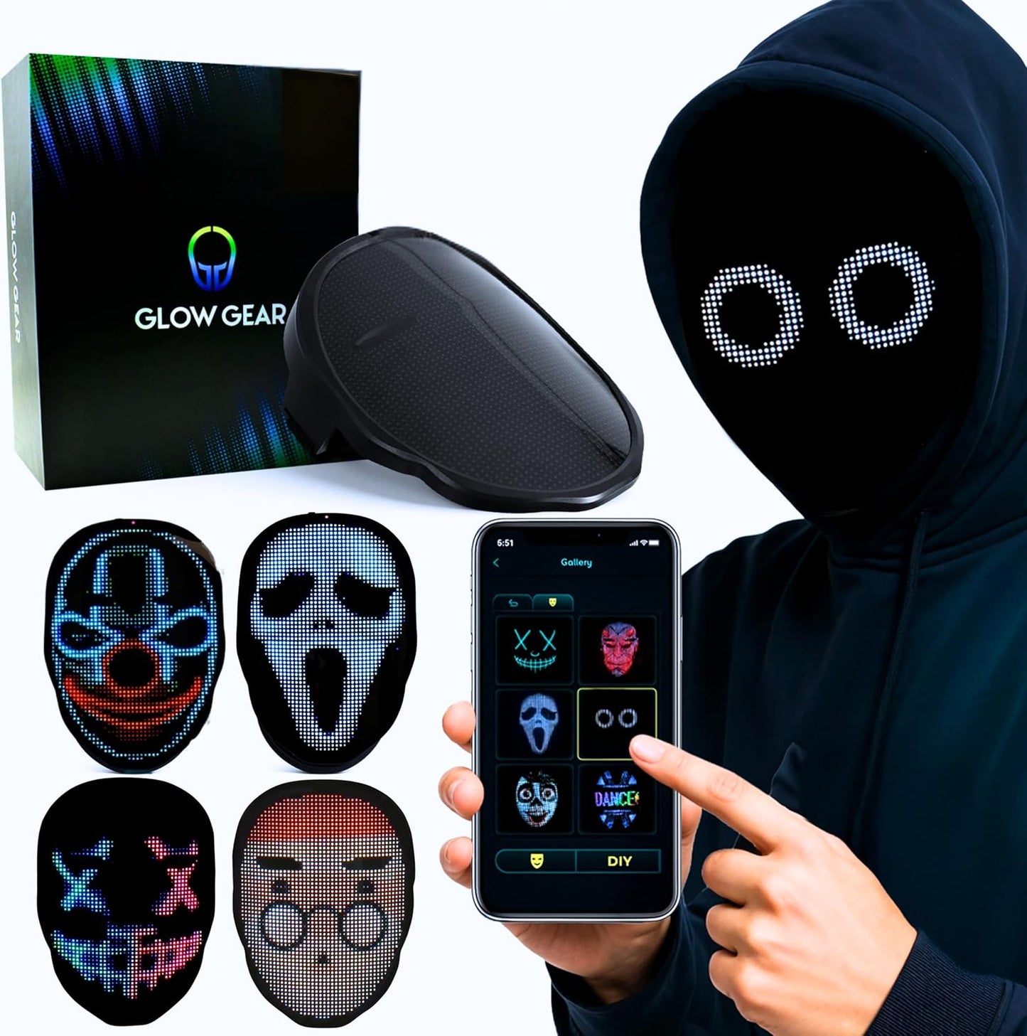 Glow Gear Face Transforming LED Mask App-Controlled Light Up Cosplay Mask with 115+ Animated Faces, Customizable LED Patterns, Rave, Festival, Halloween, DJ Accessory