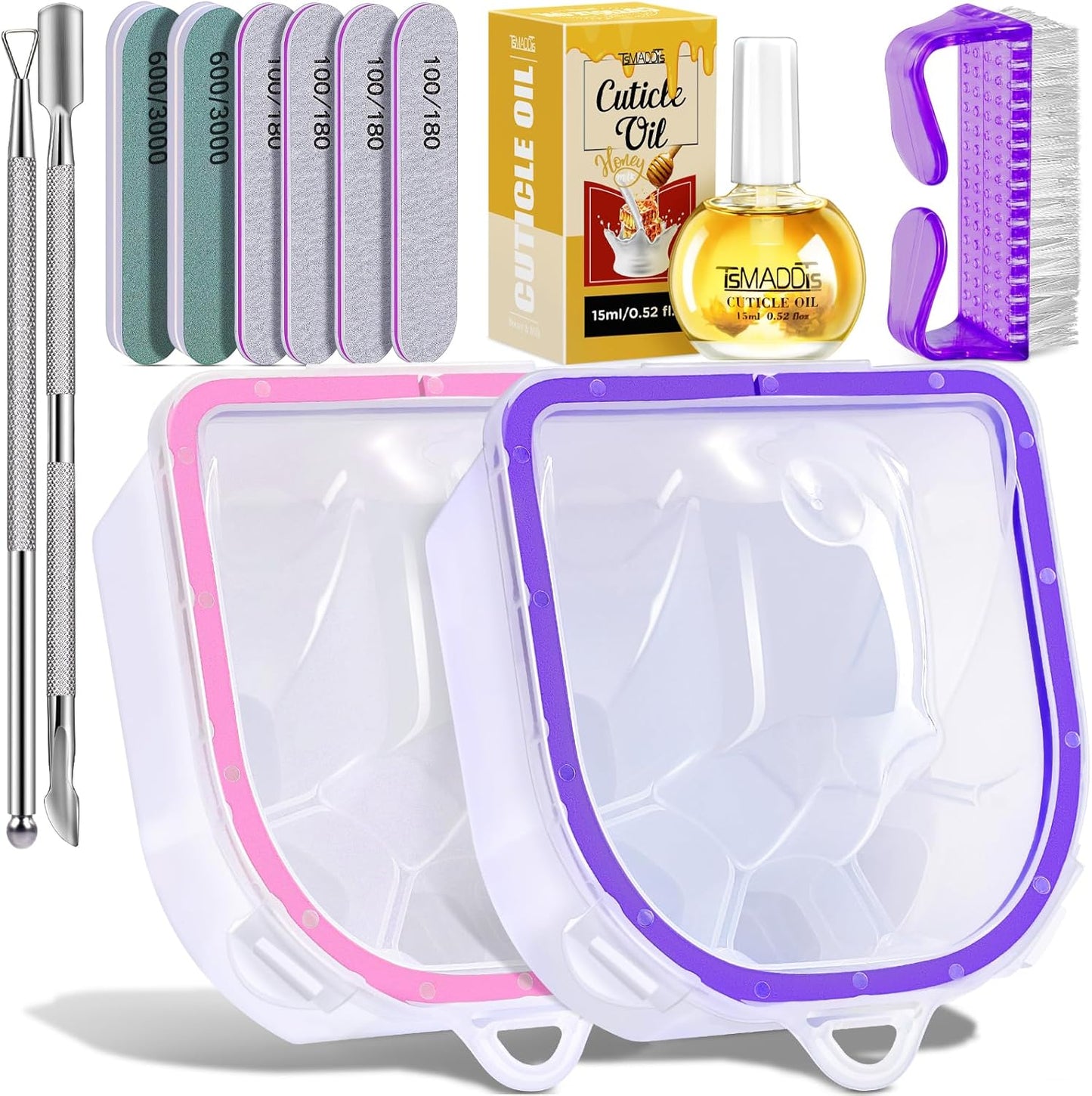 TsMADDTs 12PCS Nail Soaking Bowl Acetone Gel Polish Remover Kit with 2PCS Soak Off Bowls Manicure Bowls for Hands, Cuticle Remover Tools, Cuticle Oil, Files, Buffers, Brush, Dip Removal Kit