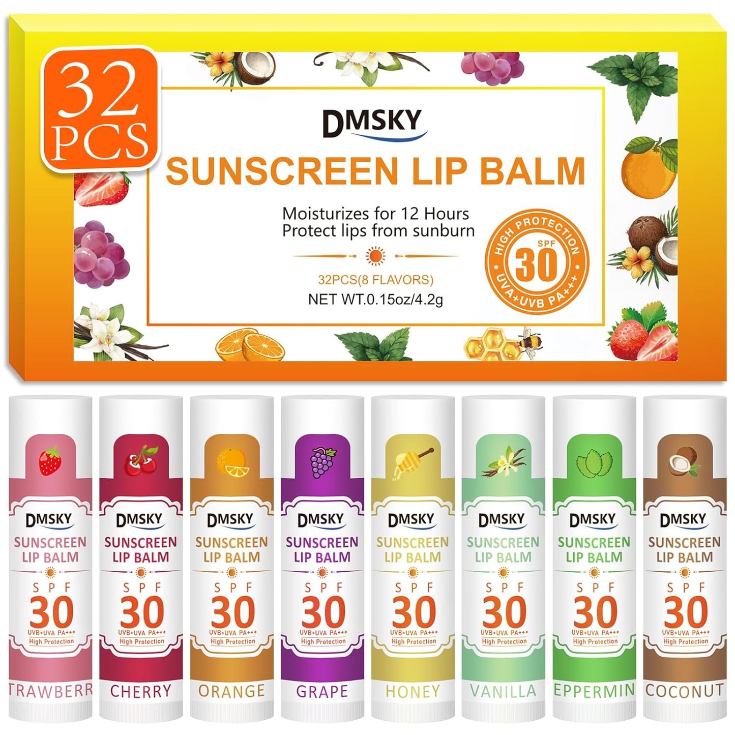 Dmsky 32 Pack Lip Balm Bulk,SPF 30 Lip Balm with Sunscreen,Hydrating Lip Balm Pack with Vitamin E and Coconut Oil- 8 Flavors, B-32 Count