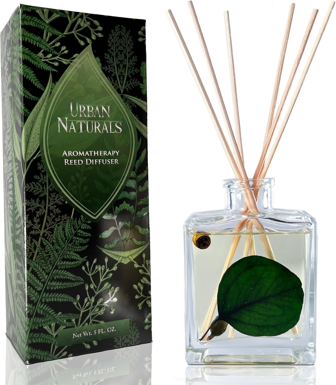 Urban Naturals Sandalwood & Eucalyptus Reed Diffuser Set – Made with Essential Oils & Real Botanicals – Sleek Rectangular Refillable Glass Bottle – Made in The USA