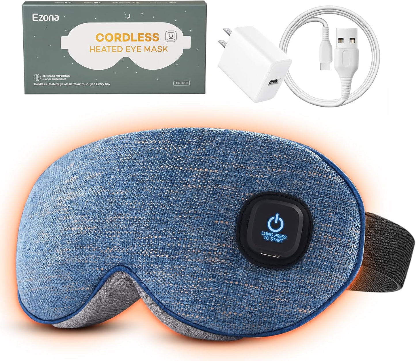 Ezona Cotton Cordless Heated Eye Mask, Warm Eye Compress Mask for Dry Eyes, Washable Eye Heating Pad for Travel, Dry Eyes, Blepharitis, Sinus Migraine (Blue)
