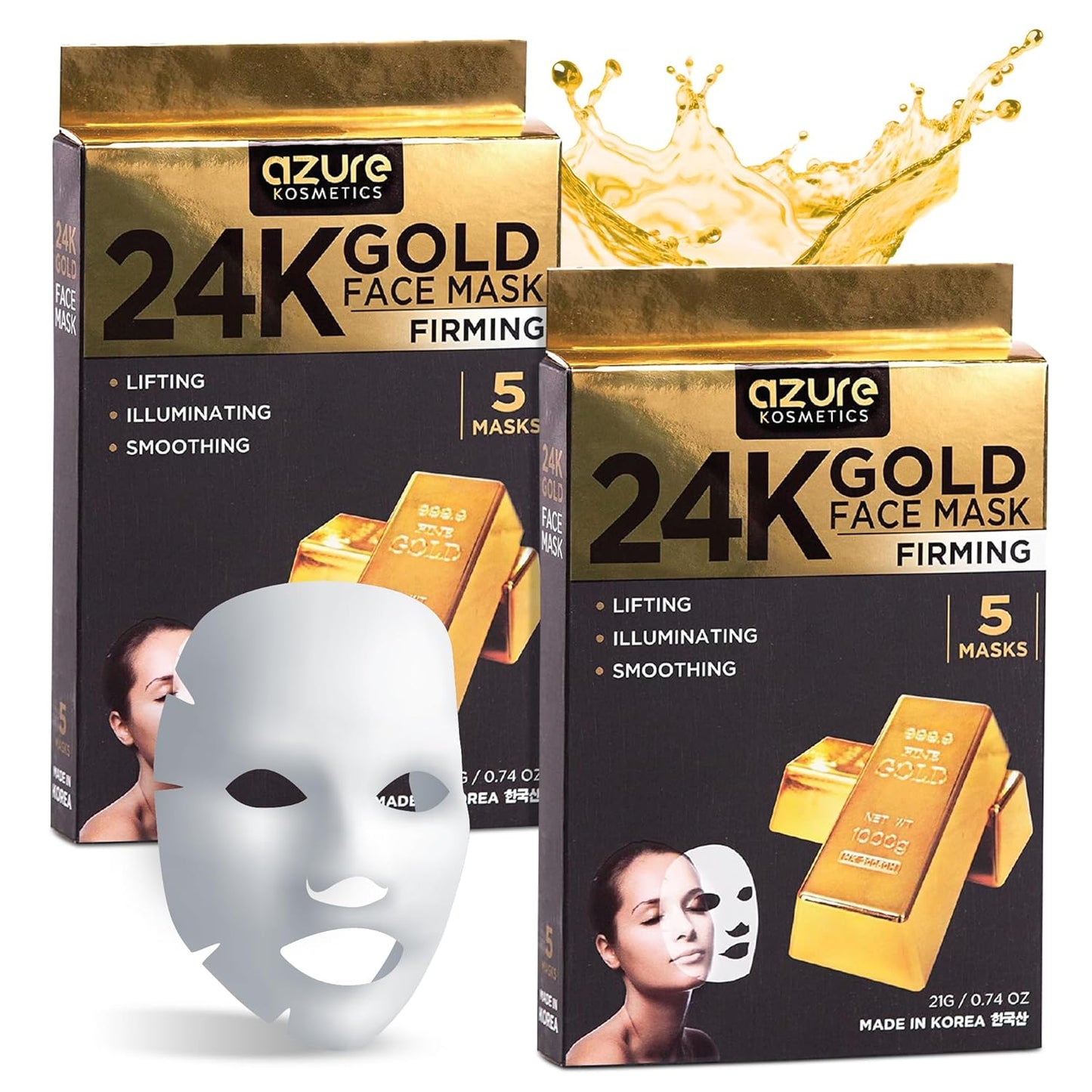 AZURE 24K Gold Face Mask- Anti Aging, Hydrating, Toning Facial Mask - Helps Reduce Wrinkles & Fine Lines with Hyaluronic Acid & Collagen - Skin Care Made in Korea - Pack of 10