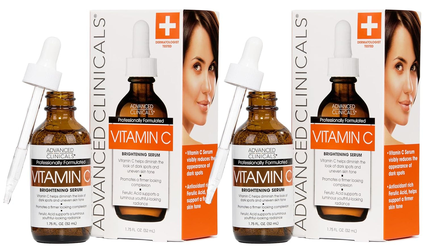 Advanced Clinicals Brightening Vitamin C Serum For Face With Glycolic Acid + Lactic Acid | Vitamin C Eye Serum Face Moisturizer For Improving Look Of Dark Spots & Uneven Complexion, 2-Pack