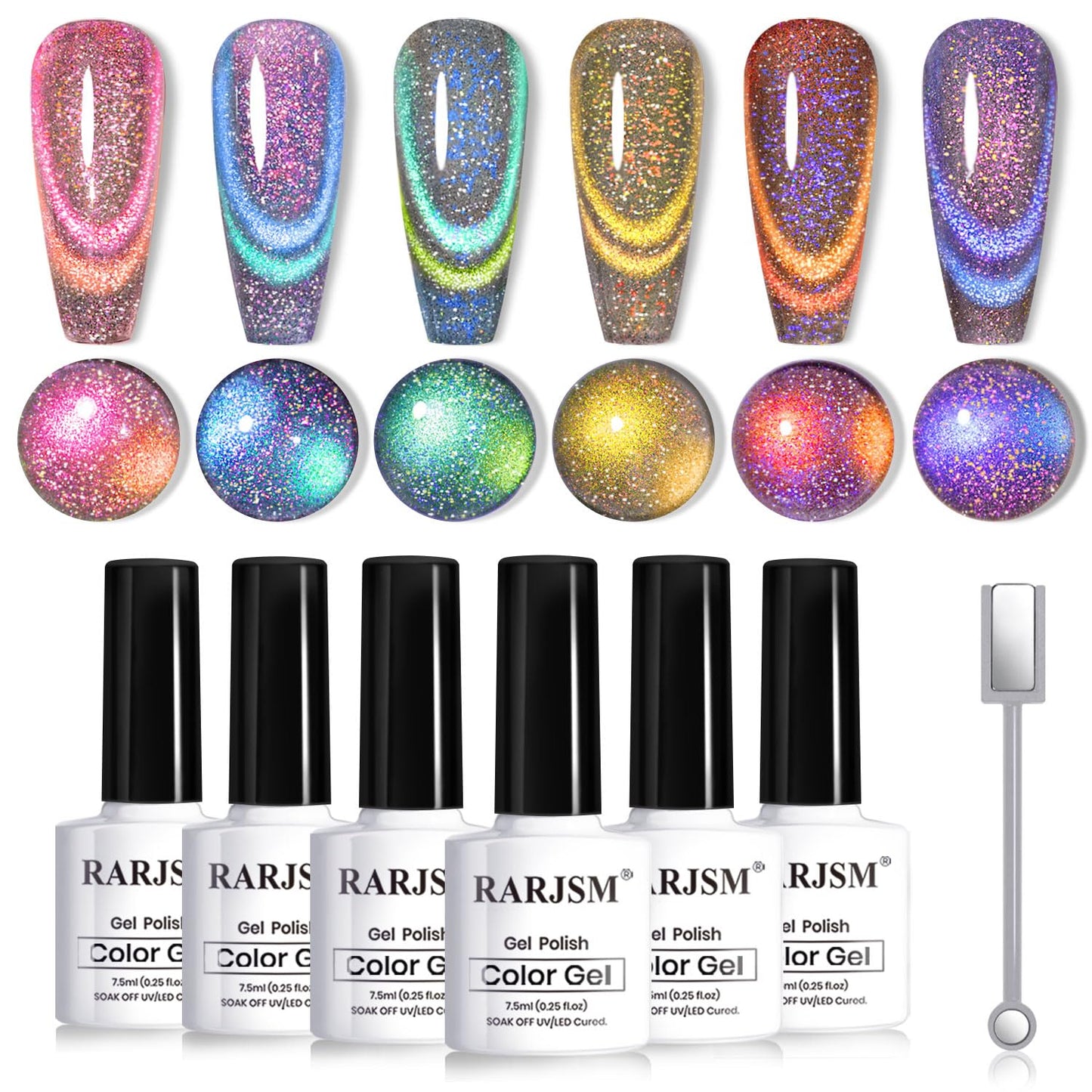 RARJSM 9D Chameleon Glass Cat Eye Gel Nail Polish Set 6Pcs Pink Purple Blue Green Yellow Multi Color Cateye Galaxy Shimmer Gradient Effect with Magnetic Stick UV LED Curing Require Home Salon