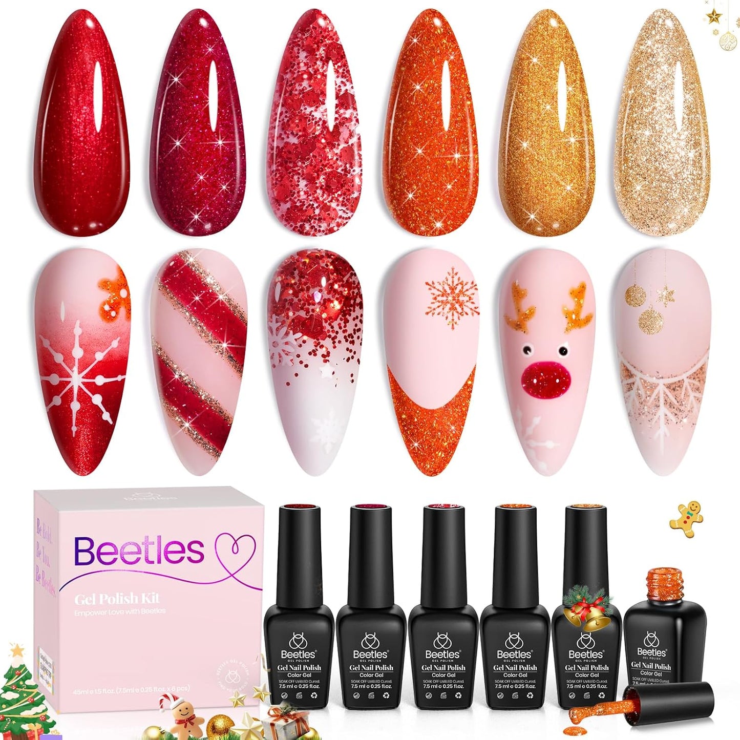 beetles Glitter Gel Polish Set, Passion Rush Collection Christmas Gel Nails, Red Orange Gold Gel Polish Shimmer Nails Art Soak off Uv LED Manicure Gift Set Nail Trend Gift for Women