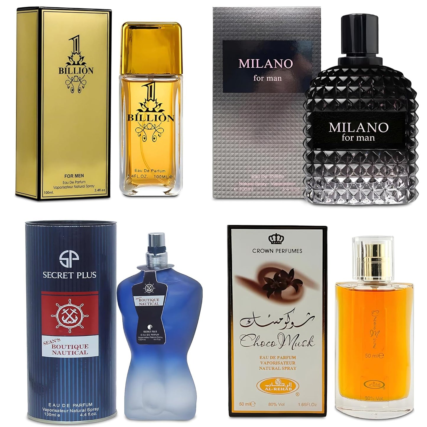 Men Cologne 4-Piece Combo Set (Choco/Milano/Billion/Sean's Boutique Nautical) Each 100ml Eau de Toilette/Parfume Spray Premium Men Perfume Set Long Lasting Fragrance for Daily Use