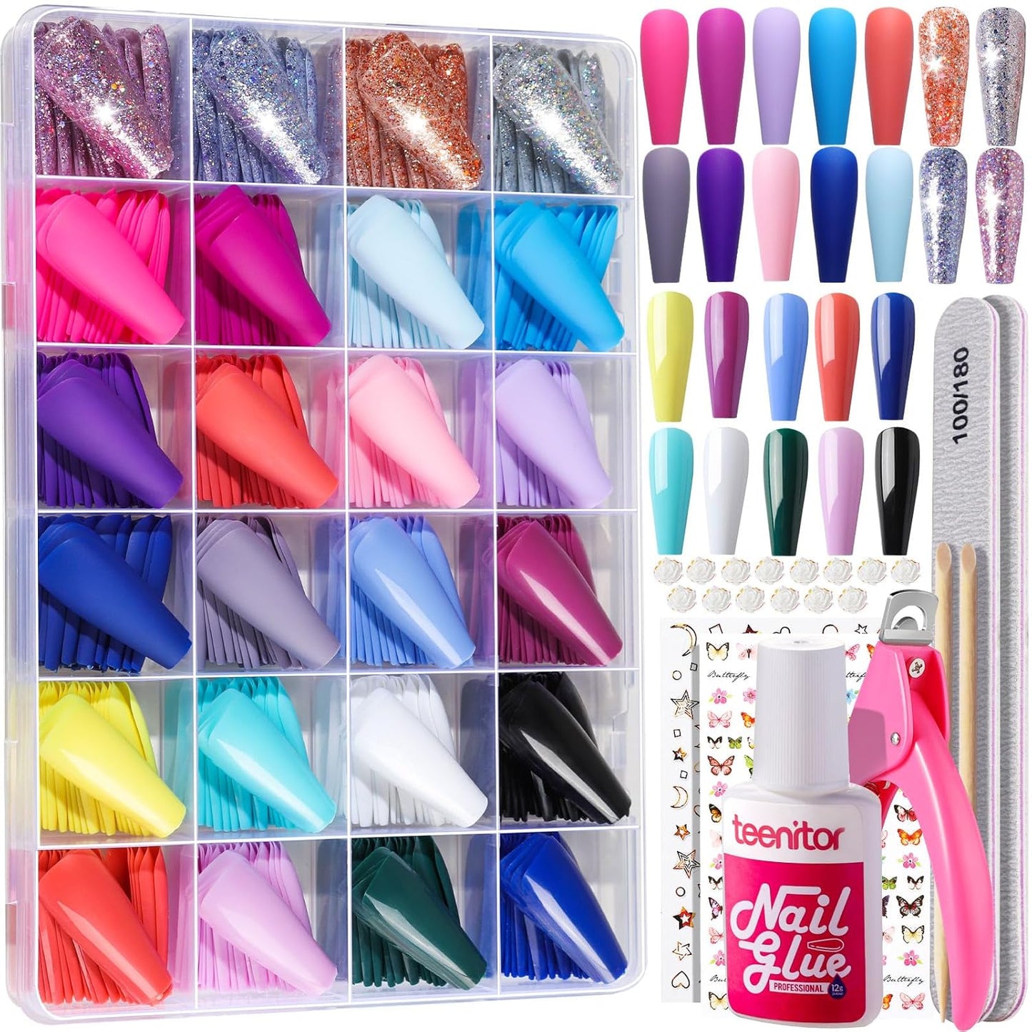 Teenitor Long Fake Nails Kit - 10 Colors Matte & Glossy, 4 Glitter Press On Nails
