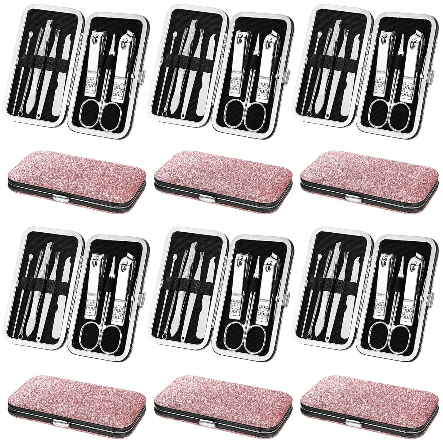 Geosar 12 Sets Manicure Set Nail Clippers Pedicure Kit 8 in 1 Stainless Steel Professional Grooming Kits Nail Care Tools with Travel Case for Men Women(Glitter Pink)