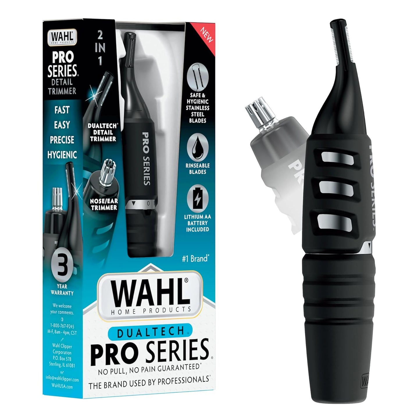 Wahl DualTech® Pro Series® 2 in 1 Lithium Battery Dual Sided Eyebrow Trimmer and Nose Hair Trimmer for Men – Model 3025698
