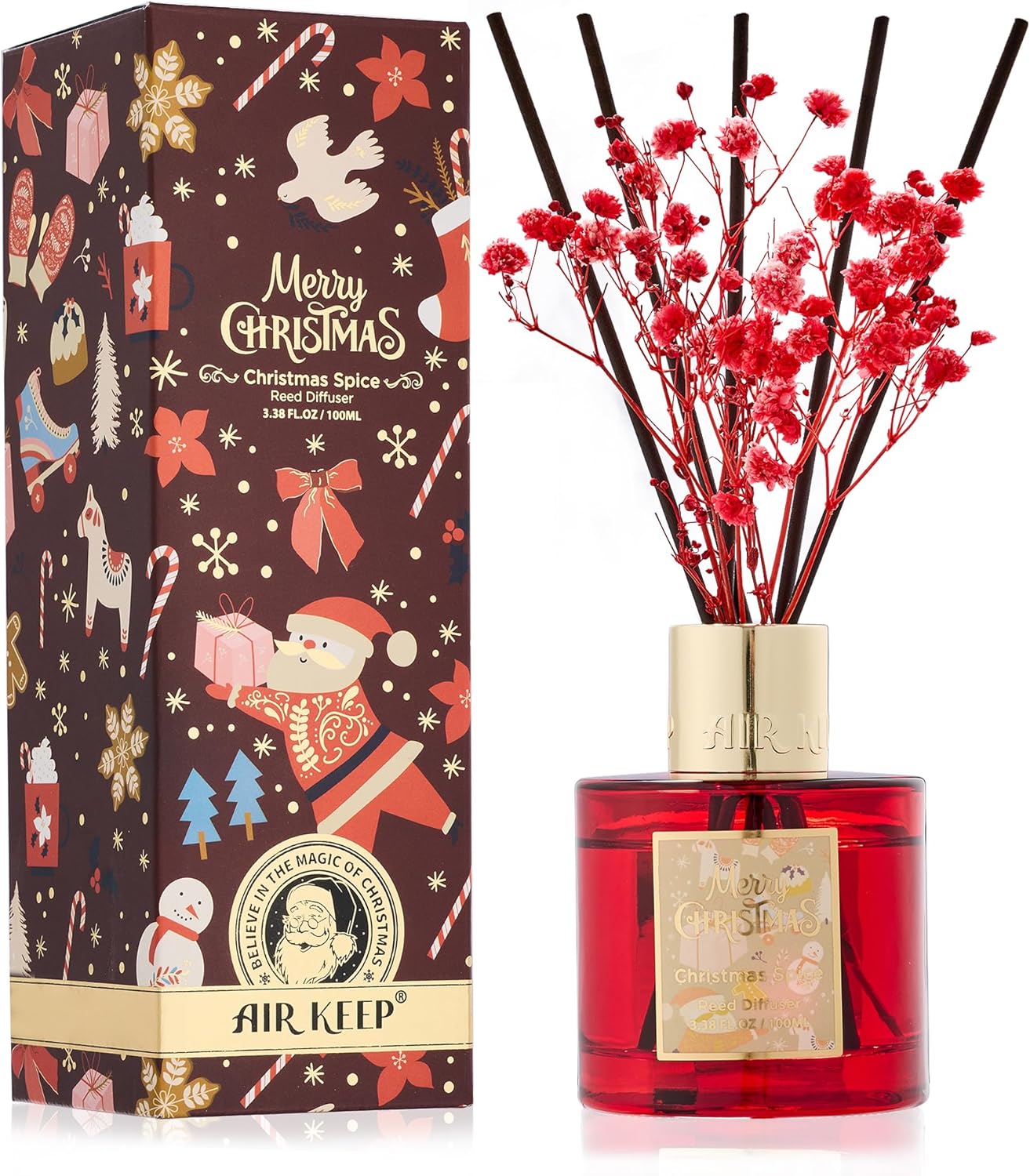 Airkeep Reed Diffuser Set - 3.38 fl oz (100 ml) Christmas Spice Oil for Home Fragrance, Bathroom Shelf Decor - Christmas Day with 8 Sticks