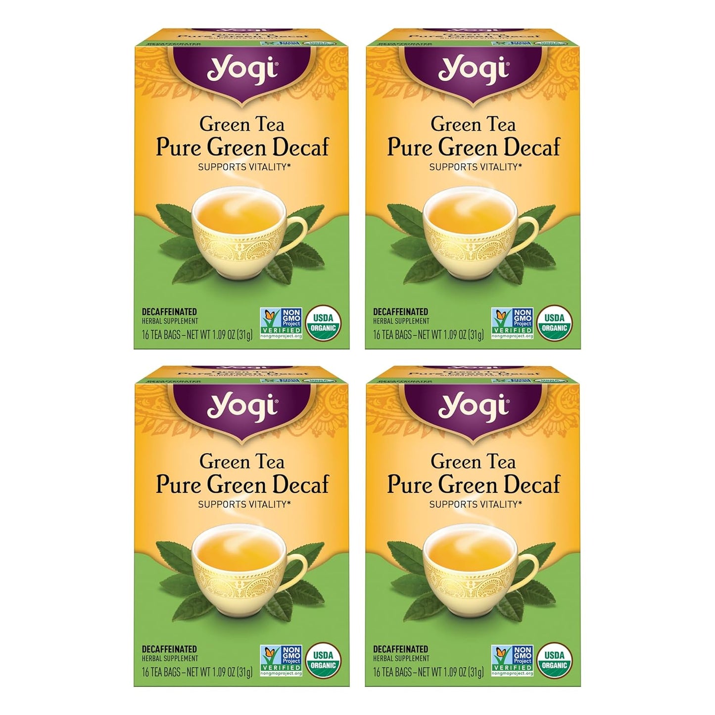 Yogi Tea Pure Decaf Green Tea - 16 Bags per Pack (4 Packs) - Organic & Decaffeinated - Supports Overall Health & Provides Antioxidants