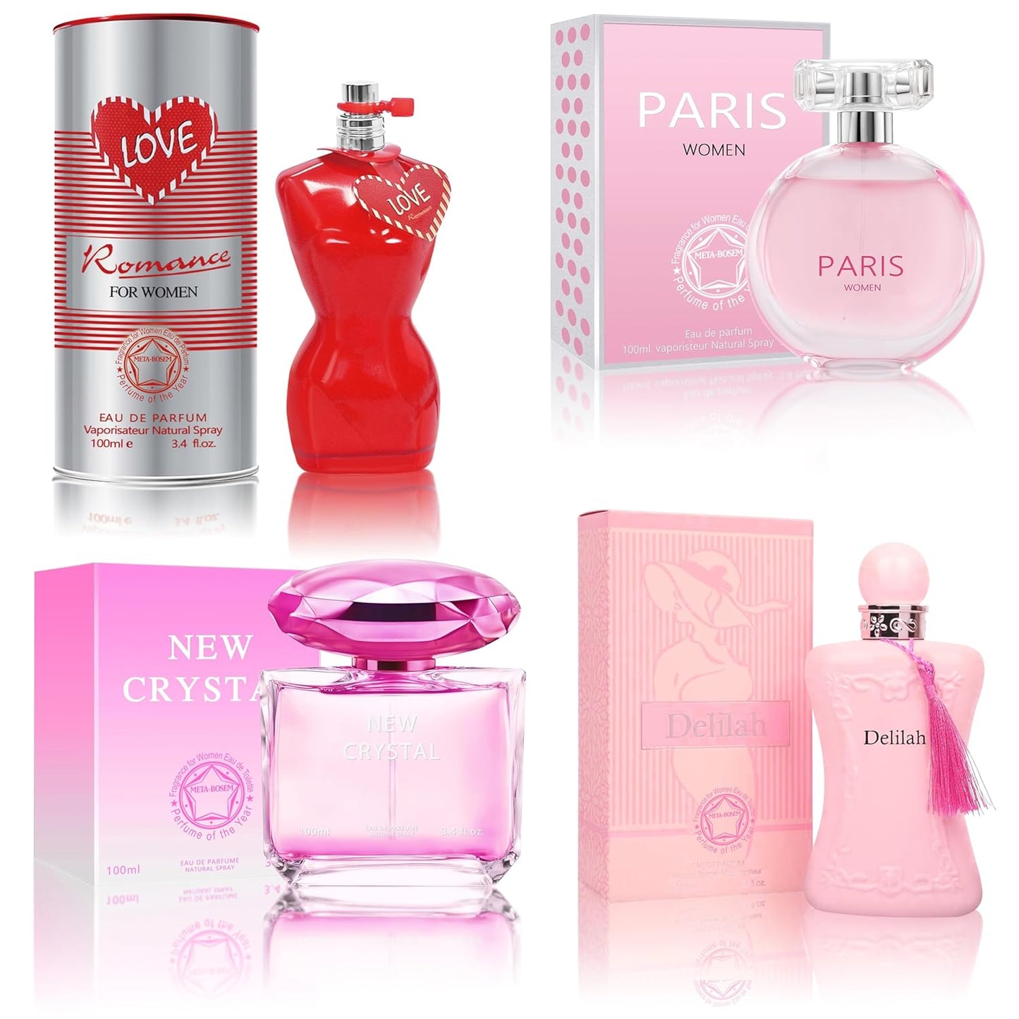 META-BOSEM Perfume for Women Set (100ml x 4PCS Variety Pack), NewCrys, LoveRoma, Delilah, ParisW, Long Lasting Perfume for Women All Day Use