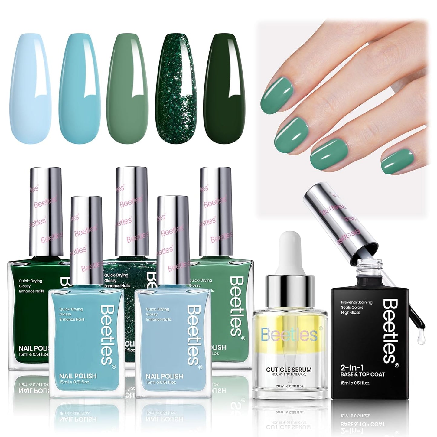 Beetles Green Nail Polish Set, 7 Pcs 5 Colors Light Green Blue Fingernail Polish, Cuticle Oil with 2IN1 Base&Top Coat Long Lasting Quick Dry Nail Polish Gfit Sets For Women