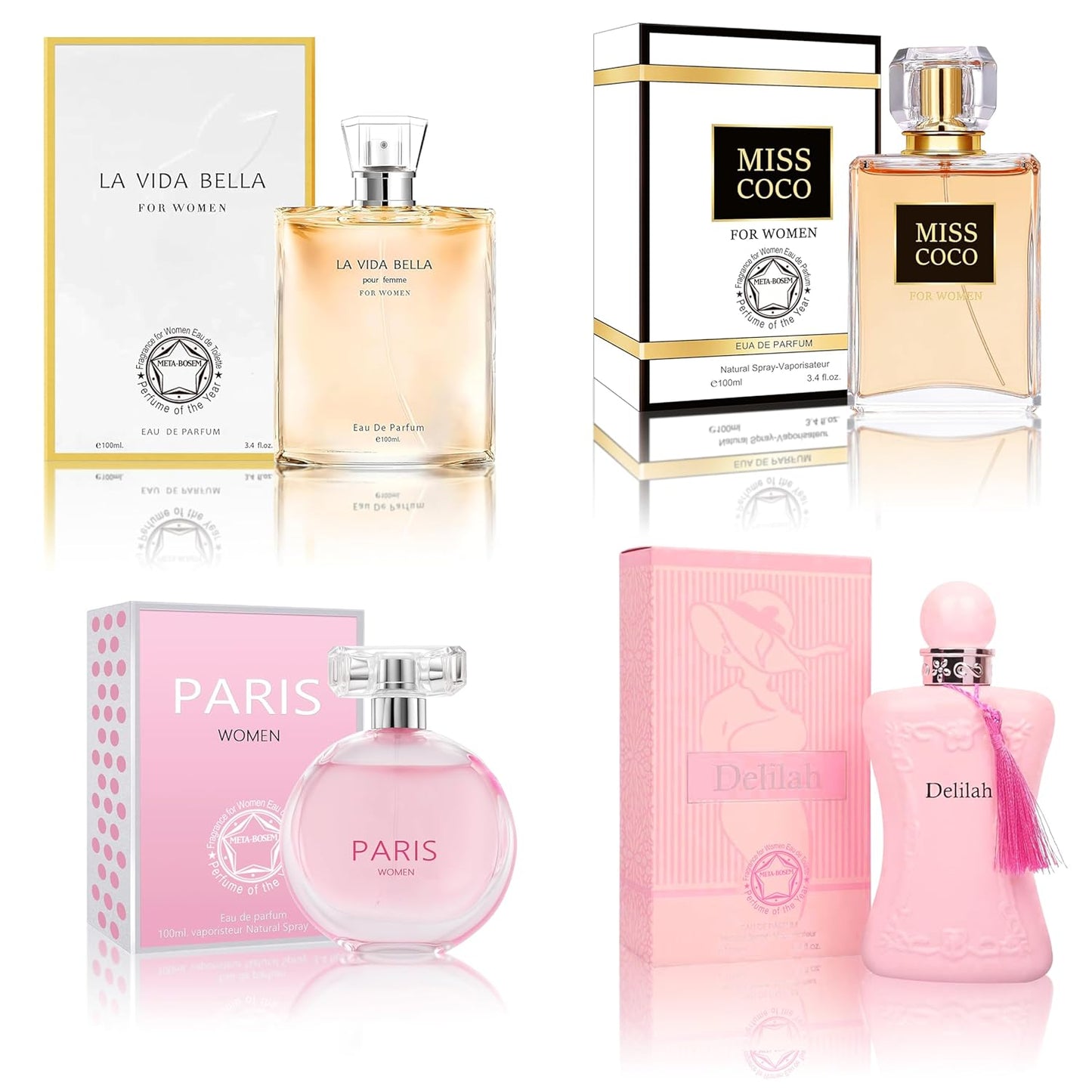 META-BOSEM Perfume for Women Set (100ml x 4PCS Variety Pack), LFBloom, ParisW, LVBella, MissCoco, Long Lasting Perfume for Women All Day Use