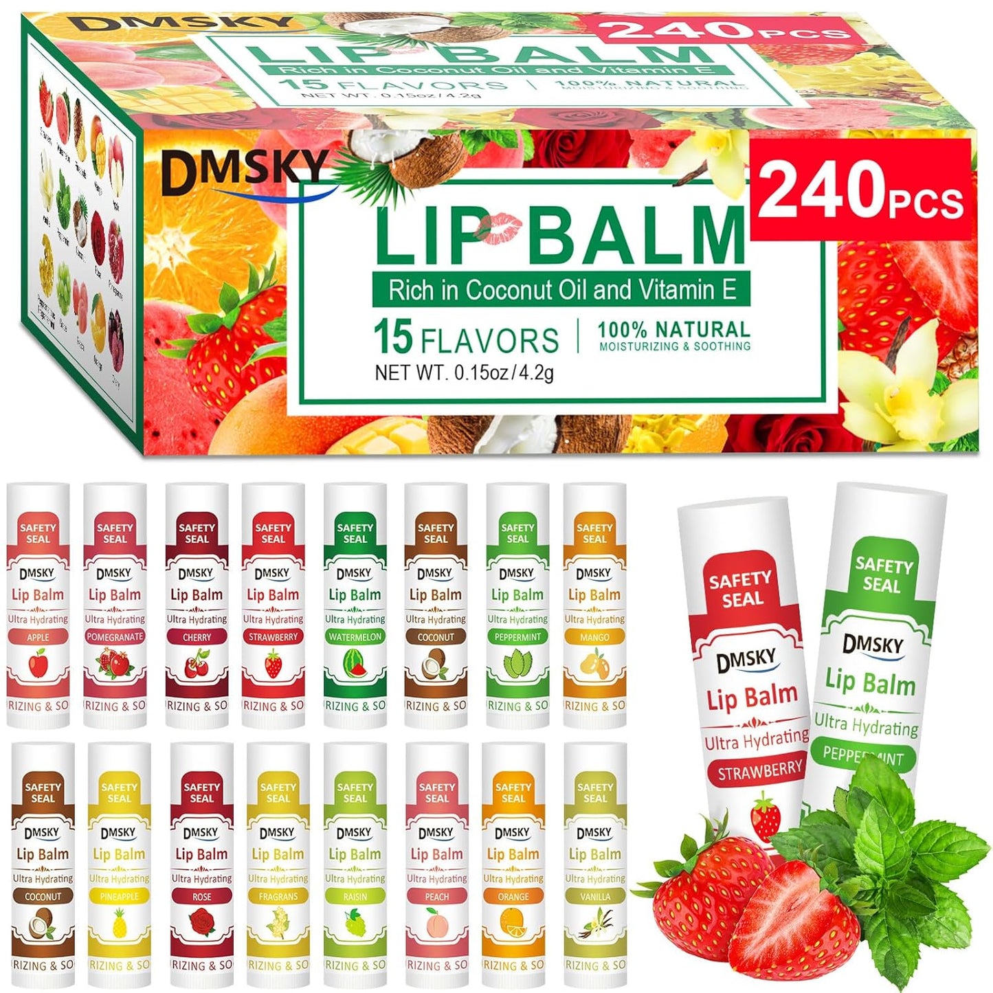 DMSKY Lip Balm 240 Pack, Lip Balm Bulk with Vitamin E and Coconut Oil, Moisturizing Lip Balm for Dry Cracked Lips-15 Flavors