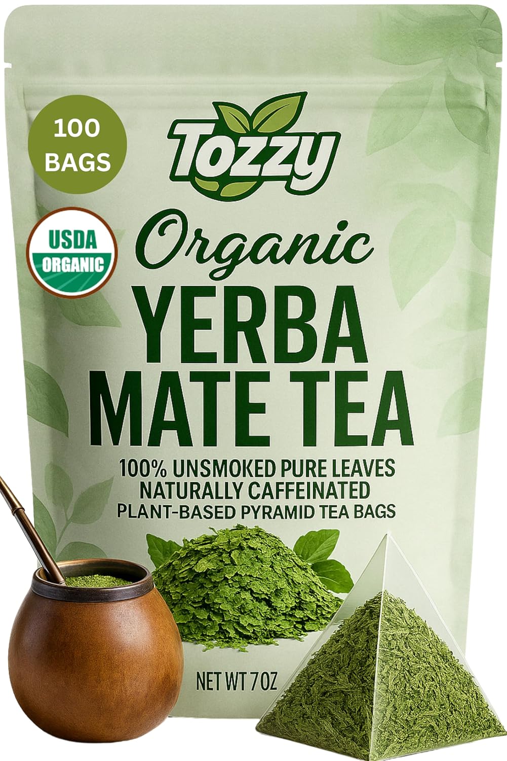 Tozzy Organic Yerba Mate Tea, Unsmoked – 100 Count, Plant-Based Pyramid Tea Bags | Caffeine-Powered