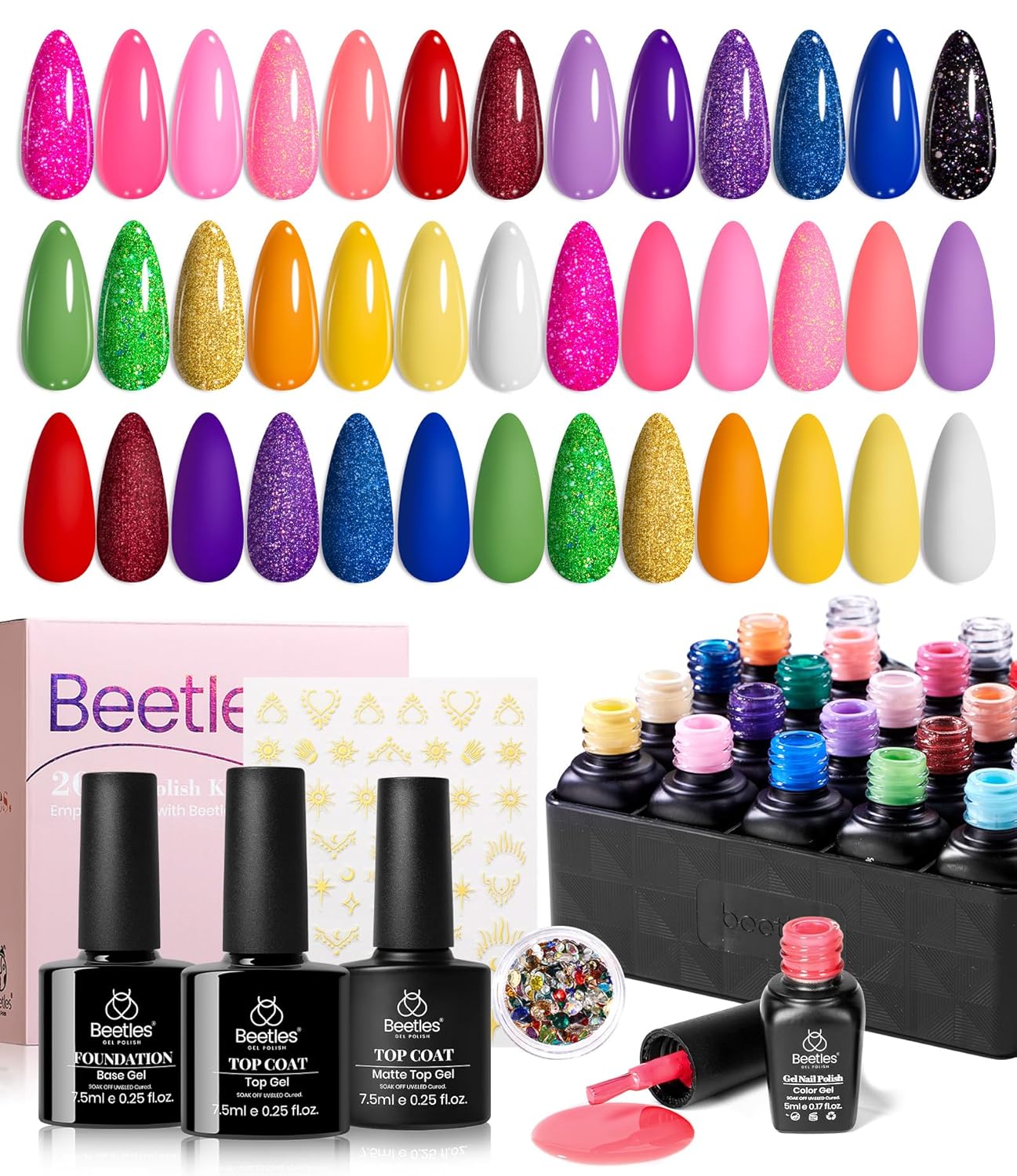Beetles Gel Nail Polish Set - 20 Colors Pink White Black Yellow Red Glitter Gel Polish Kit with Nail Stickers Nail Rhinestones 3Pcs Base Top Coat Gift for Women Girls