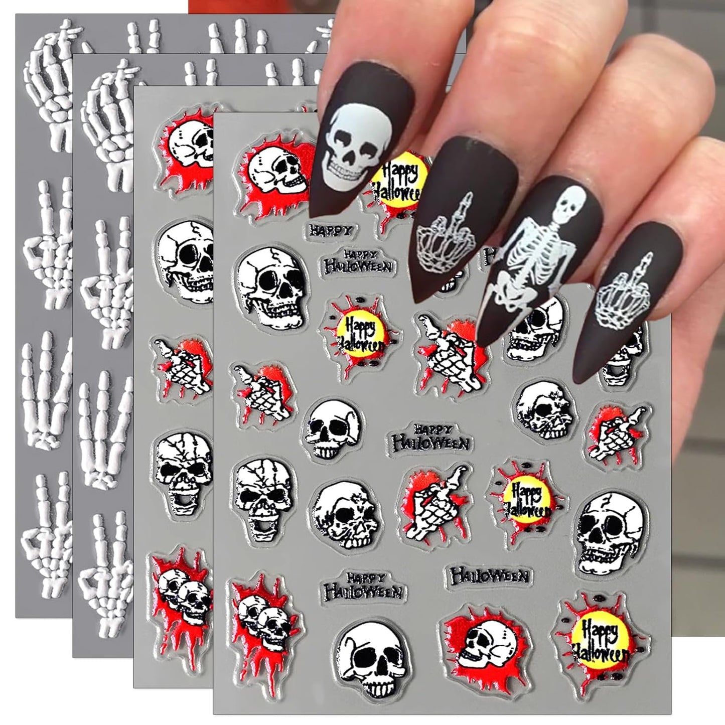 Halloween Bone Nail Stickers, 4 Sheets Embossed Skeleton Finger Self-Adhesive 5D Nail Art Decals for DIY Skull Manicure
