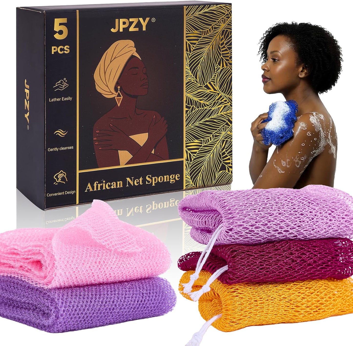 African Sponge Net 5-Piece exfoliating Scrub is Suitable for All Skin Types,Bath Sponge for The face and Body, Durable and Gently Exfoliation