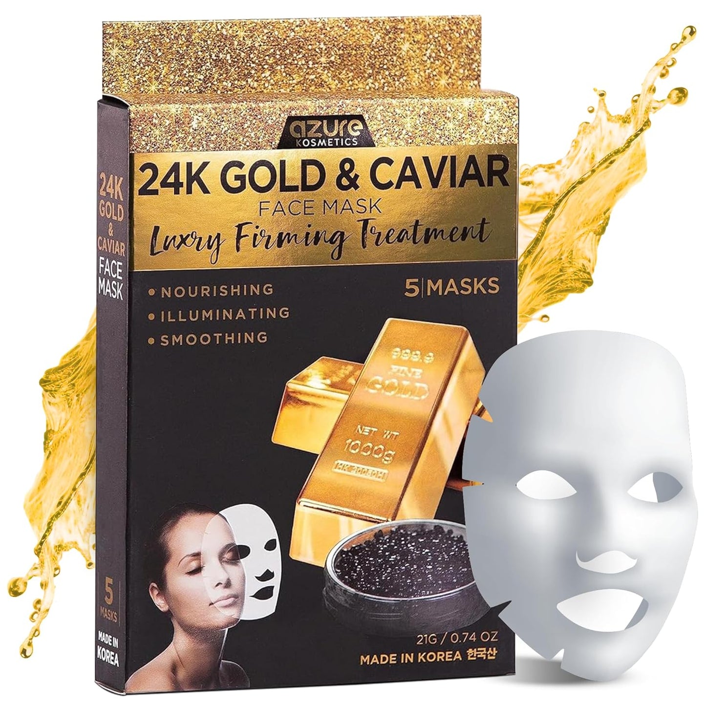 Azure Cosmetics 24K Gold and Caviar Anti Aging Luxury Face Mask - Hydrating & Firming Facial Mask - Helps Reduce Wrinkles & Fine Lines - With Hyaluronic Acid & Collagen - Made in Korea - Pack of 5