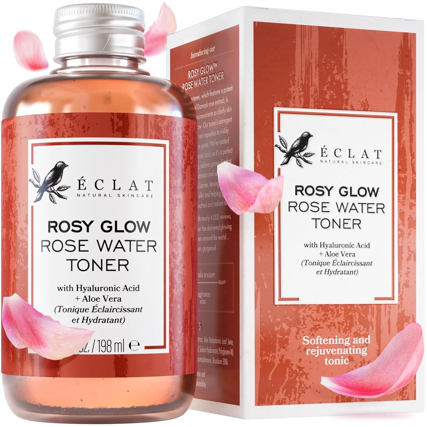 Eclat Skincare Rose Water Toner – Hydrating Toner for Face - Rosewater with Hyaluronic Acid & Aloe Vera - Alcohol Free & Skin Soothing Formula - Rejuvenating & Calming Facial Skin Care