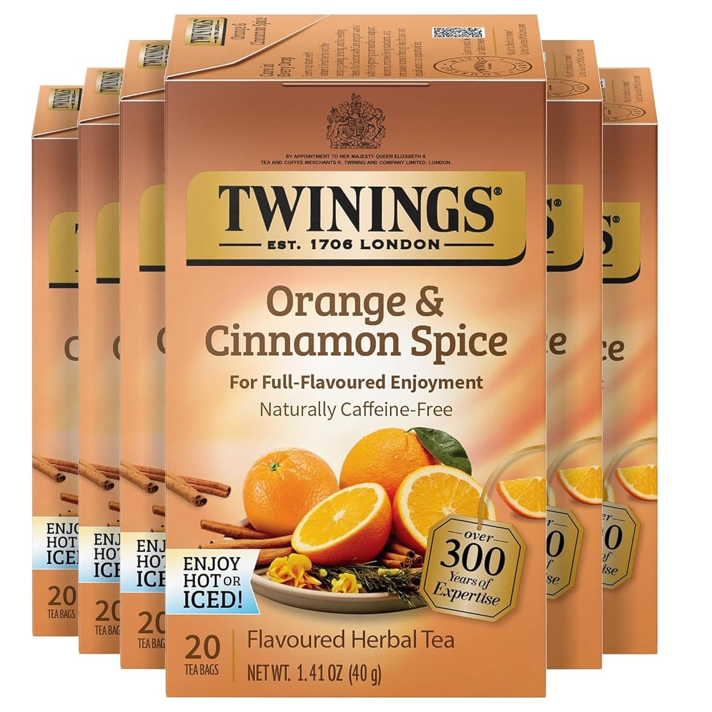 Twinings Orange & Cinnamon Spice Herbal Tea Individually Wrapped Bags, 20 Count (Pack of 6), Naturally Caffeine-Free, Enjoy Hot or Iced, 120 Teabags