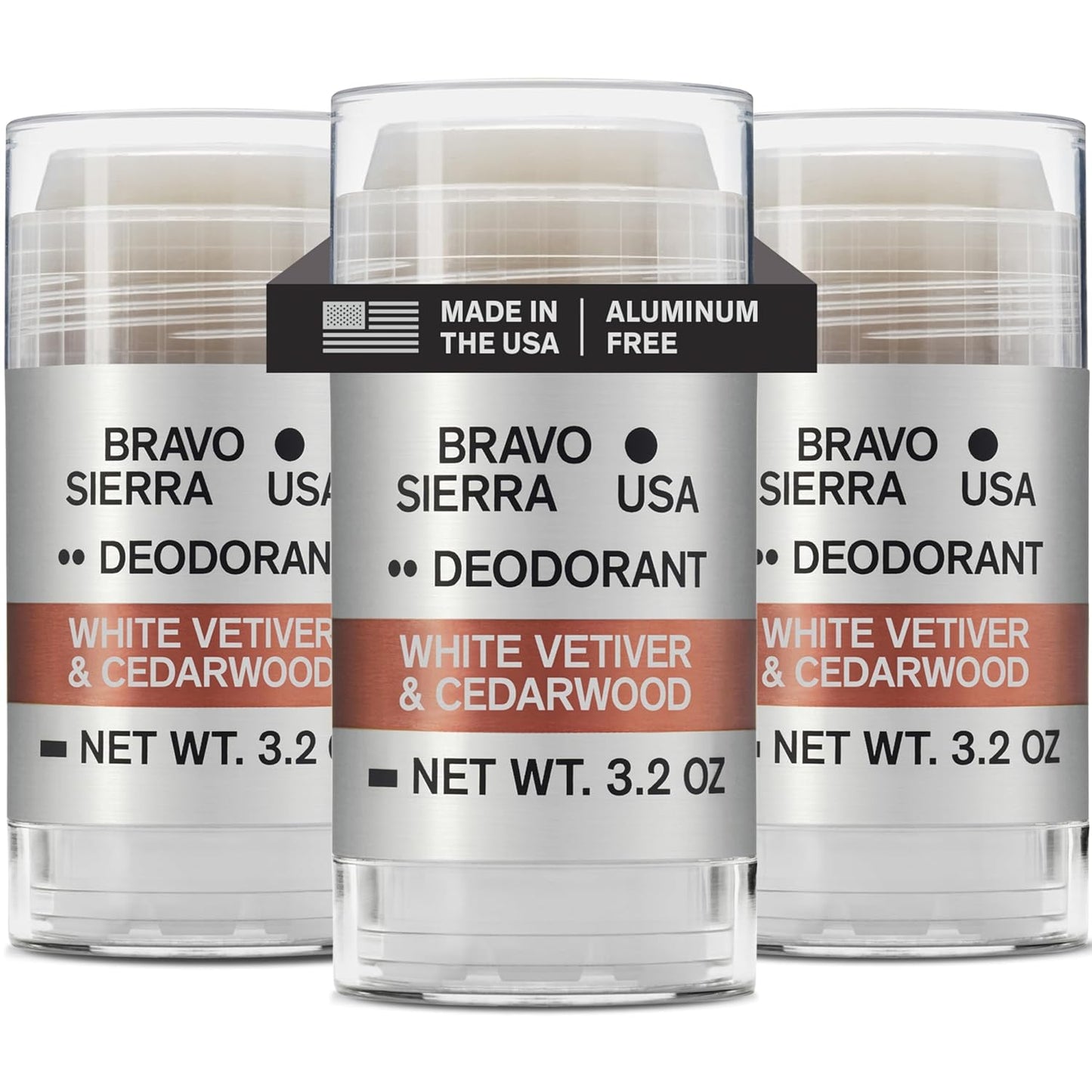Aluminum-Free Deodorant for Men by Bravo Sierra, 3-Pack-Contains Natural Ingredients–Long Lasting All-Day Odor and Sweat Protection-White Vetiver & Cedarwood, 3.2 oz-Paraben-Free, Vegan & Cruelty-Free