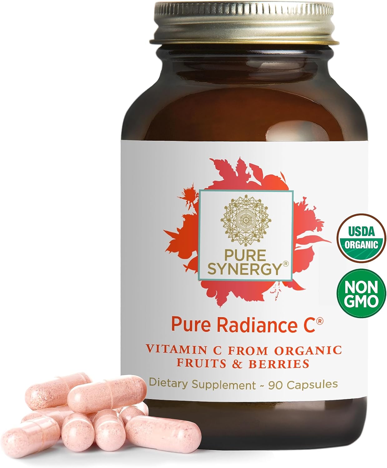 PURE SYNERGY Pure Radiance C – Organic Vitamin C Capsules | 100% Whole Food Supplement, Non-GMO, Camu Camu Extract with Natural Immune & Collagen Support – 90 Capsules