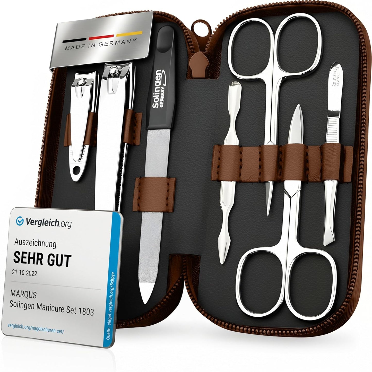Manicure Set Solingen Made in Germany - 7 Piece Exclusive Finger & Toe Nail Clippers Kit for Women and Men in Real Leather Case, Color Brown
