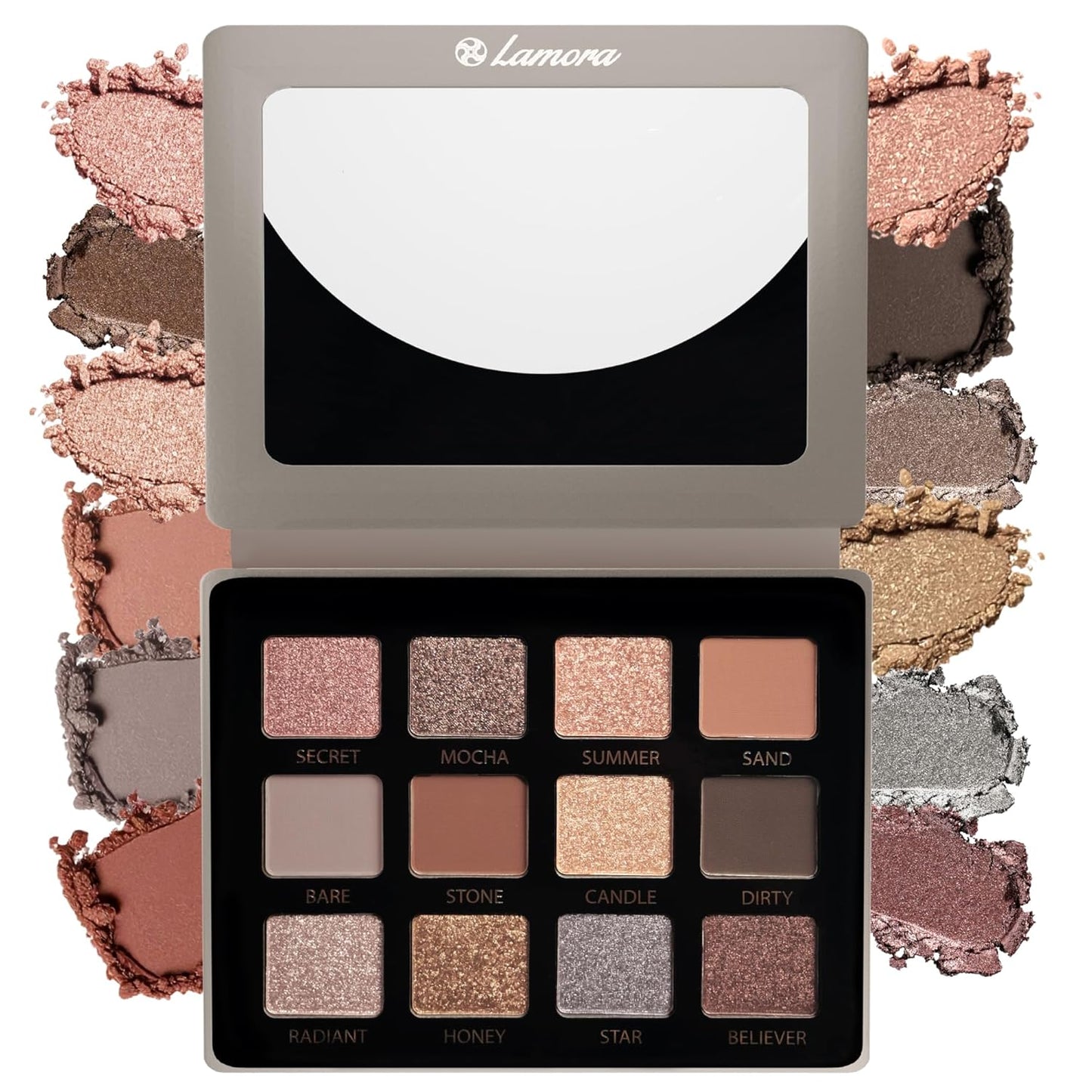 Lamora Nude Neutral Eyeshadow Palette - 12 Natural Highly Pigmented Shimmer & Matte Shades - Travel Size Makeup Palette with Mirror