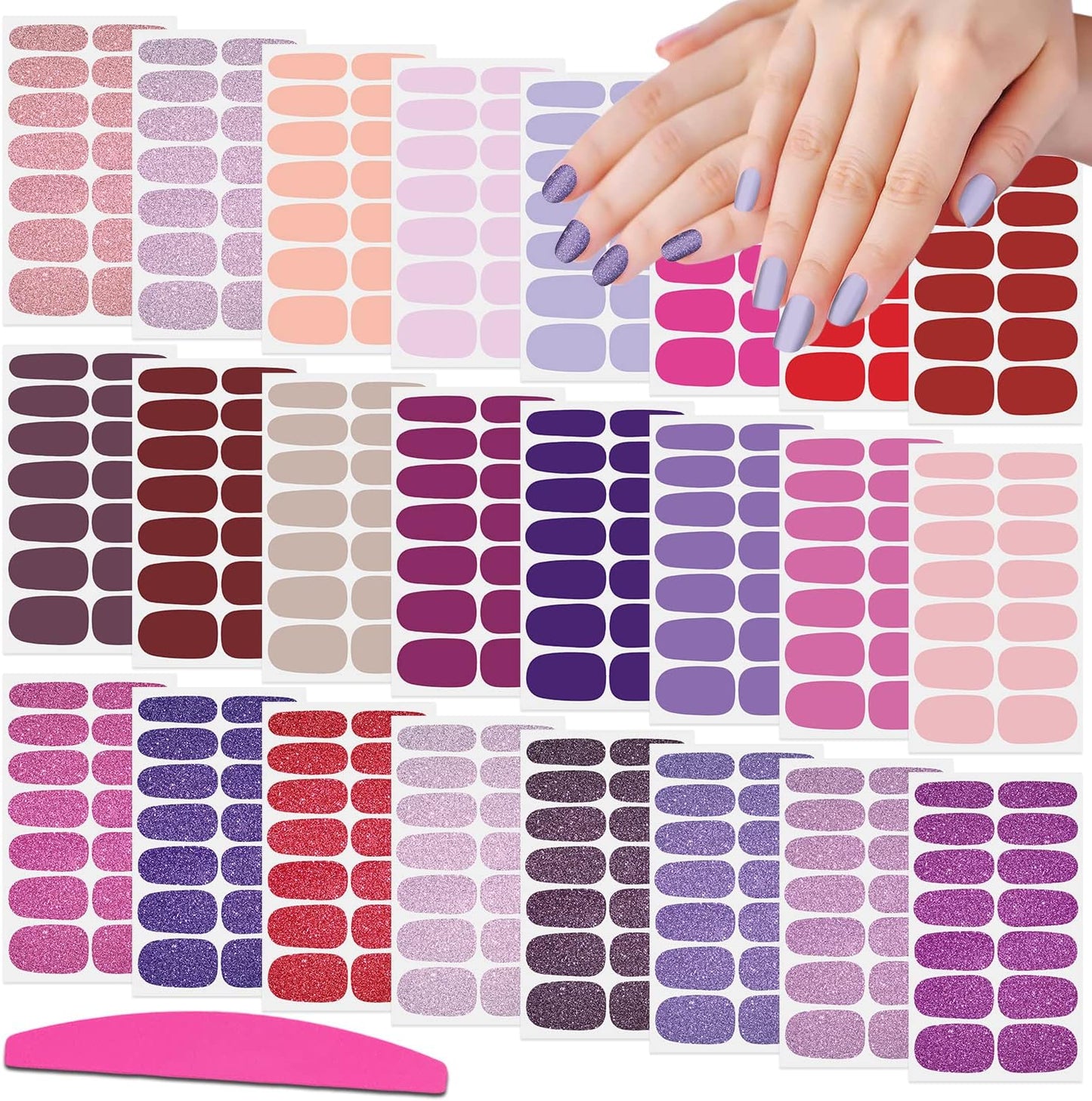SILPECWEE 24 Sheets Glitter Solid Color Nail Wraps for Women Nail Polish Strips Self Adhesive Nail Polish Stickers Gel Nail Strips for Nail Art Fingernail Manicure Stickers with 1pc Nail File