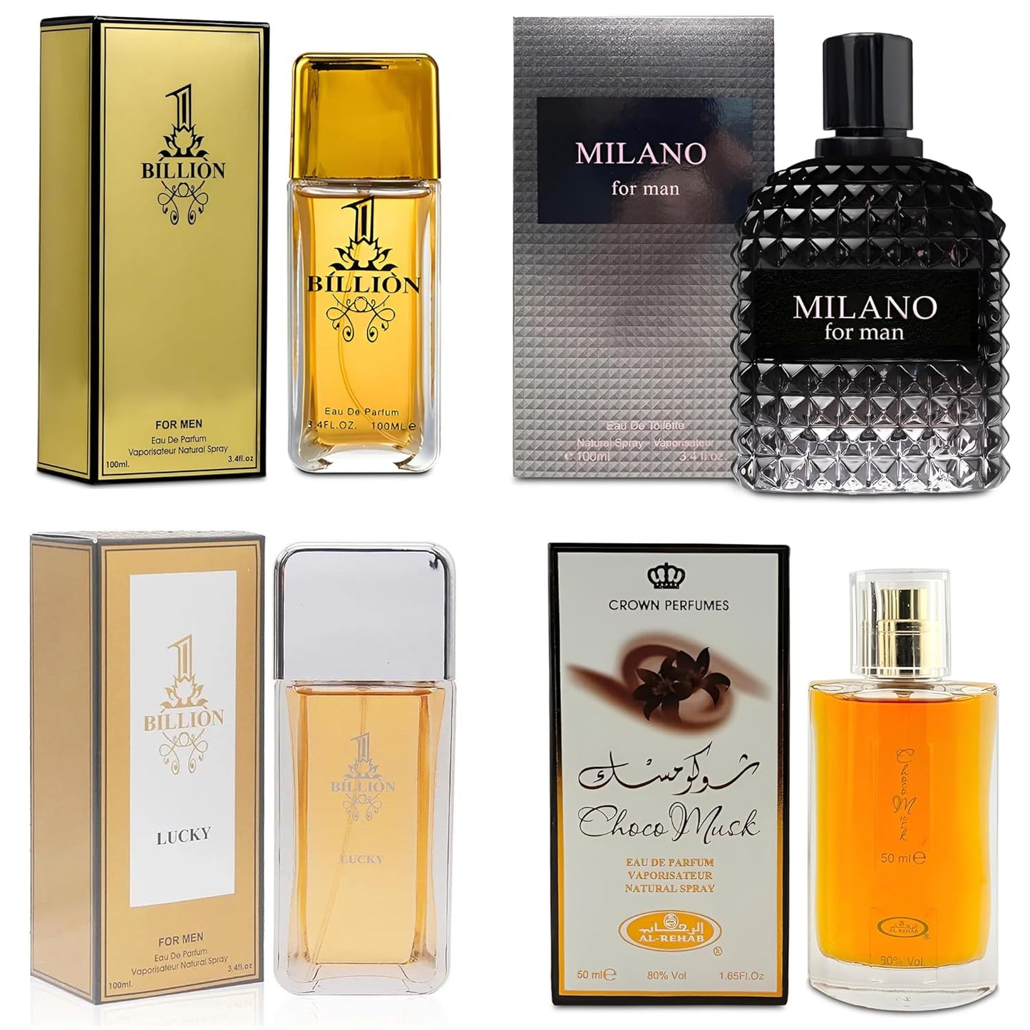 Men Cologne 4-Piece Combo Set (Choco/Milano/Billion/1 Billion Lucky) Each 100ml Eau de Toilette/Parfume Spray Premium Men Perfume Set Long Lasting Fragrance for Daily Use