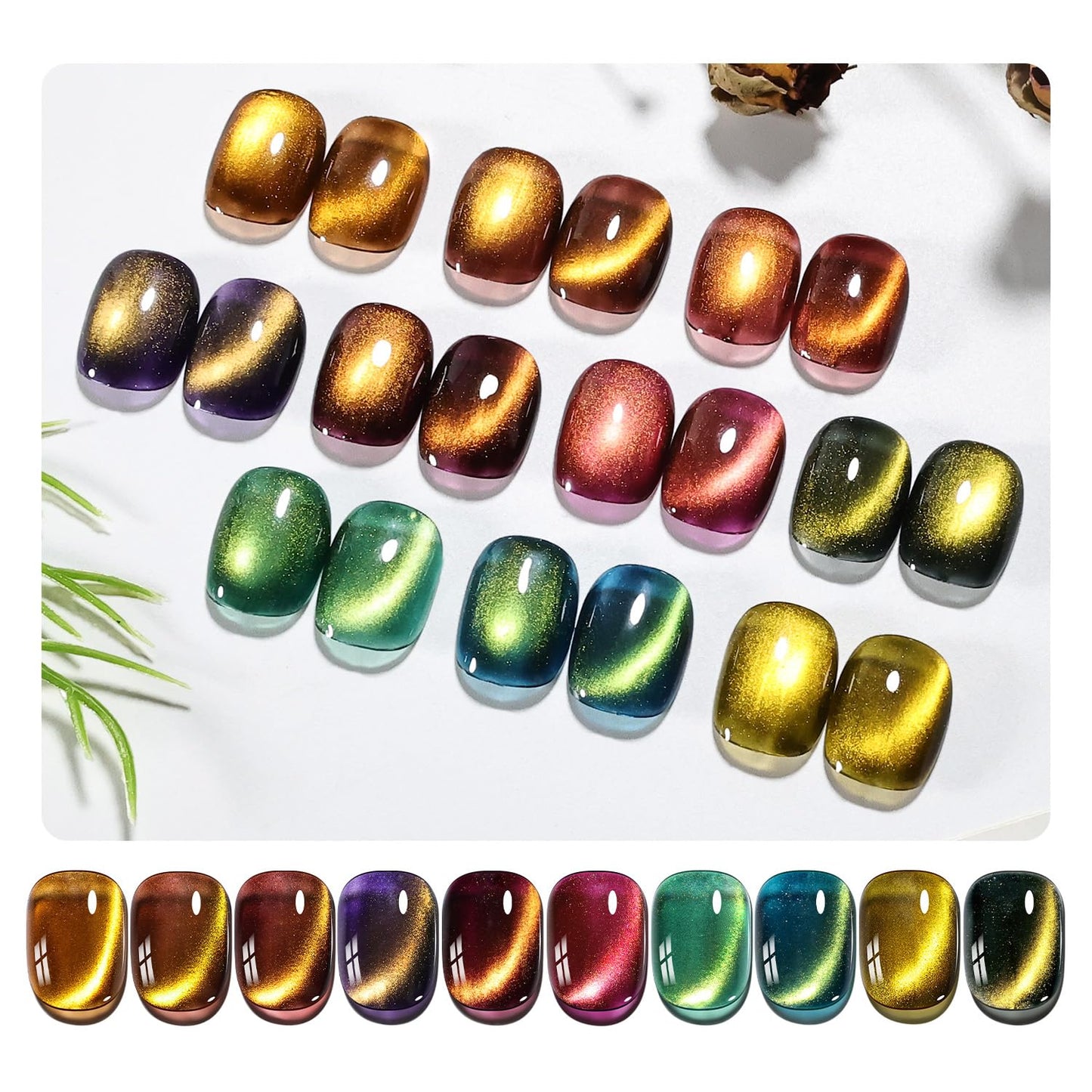 JODSONE Cat Eye Gel Nail Polish Set 10 Colors with Base Coat &Top Coat and Magnetic Cat Eye Gel Nail Polish for At-Home Salons