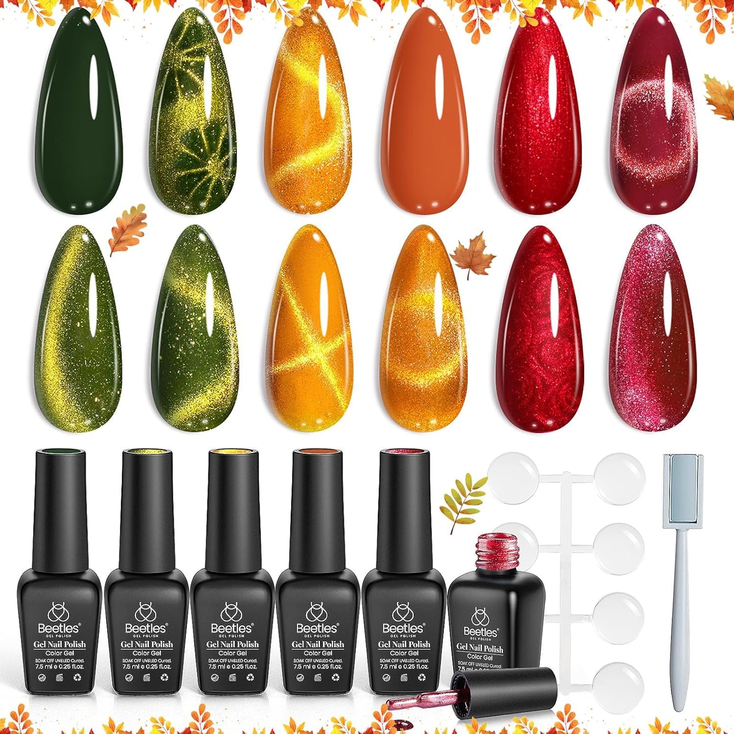 Beetles Cat Eye Gel Nail Polish Set, 6 Colors Red Burgundy Gel Olive Green Cat Eye and Pearl Nail Polish with Magnet Soak Off LED Nail Art Kit DIY Salon at Home Winter Gifts for Women