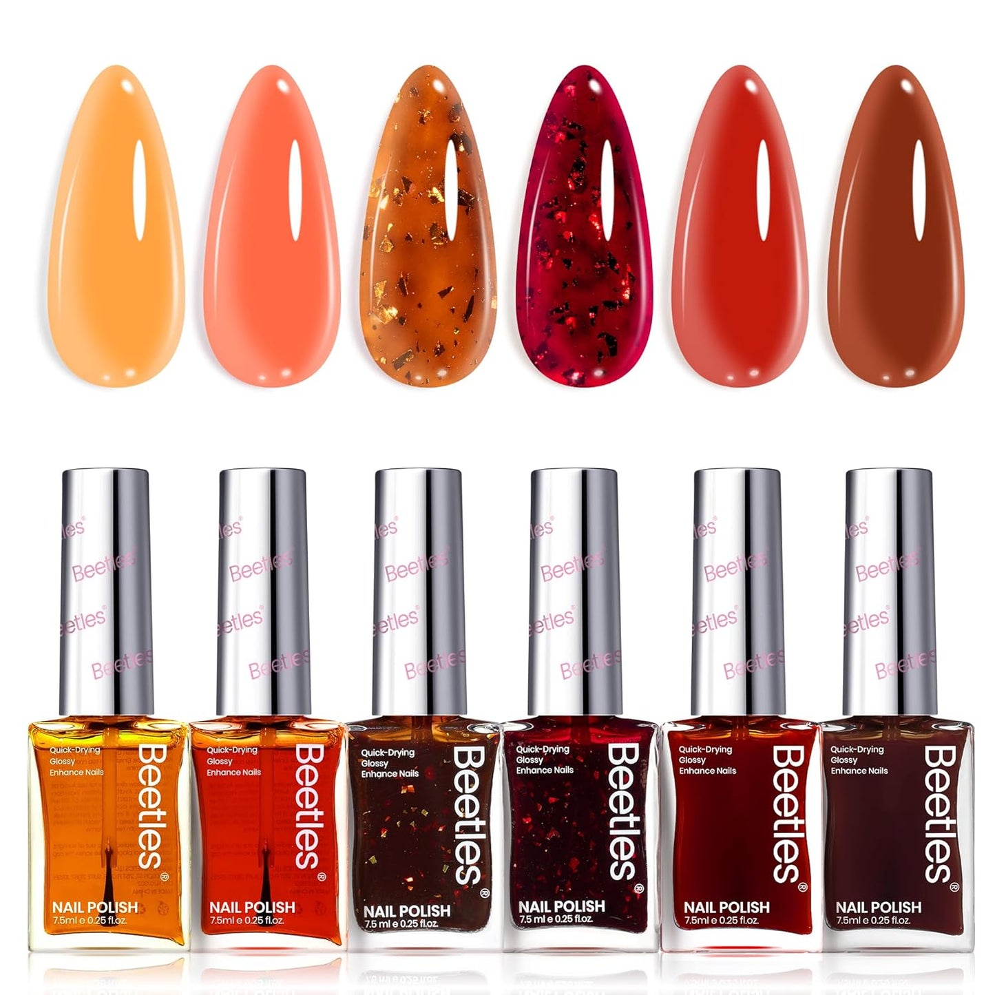 Beetles Fall Nail Polish Set - Golden Harvest 6 Colors Quick Drying Long-Lasting Burgundy Red Orange Jelly Glitter Nail Polish for DIY At-Home Manicure Christmas Gift for Women