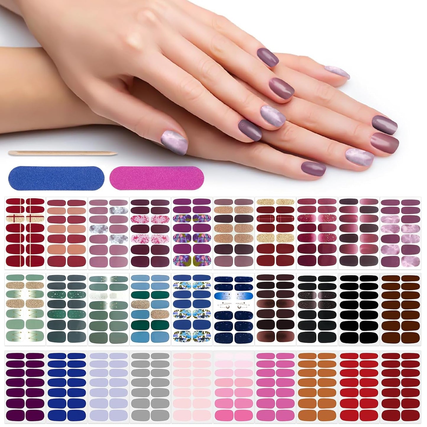 Nail Polish Strips, DANNEASY 420pcs/30 Sheets Nail Stickers Full Nail Wraps, UV Free | Self Adhesive Gel Nail Strips, Sticker Nails for Women with 2 Nail File, 1 Wooden Stick - Solid & Mix Design
