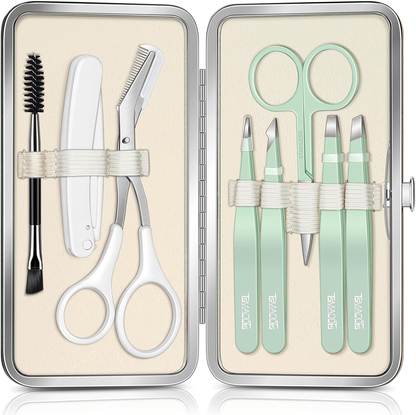 TsMADDTs Tweezers for Women, 8 in 1 Eyebrow Kit with Tweezers, Trimmer, Scissor, Razor, Brush with Travel Bag, Eyebrow Shaping Kit