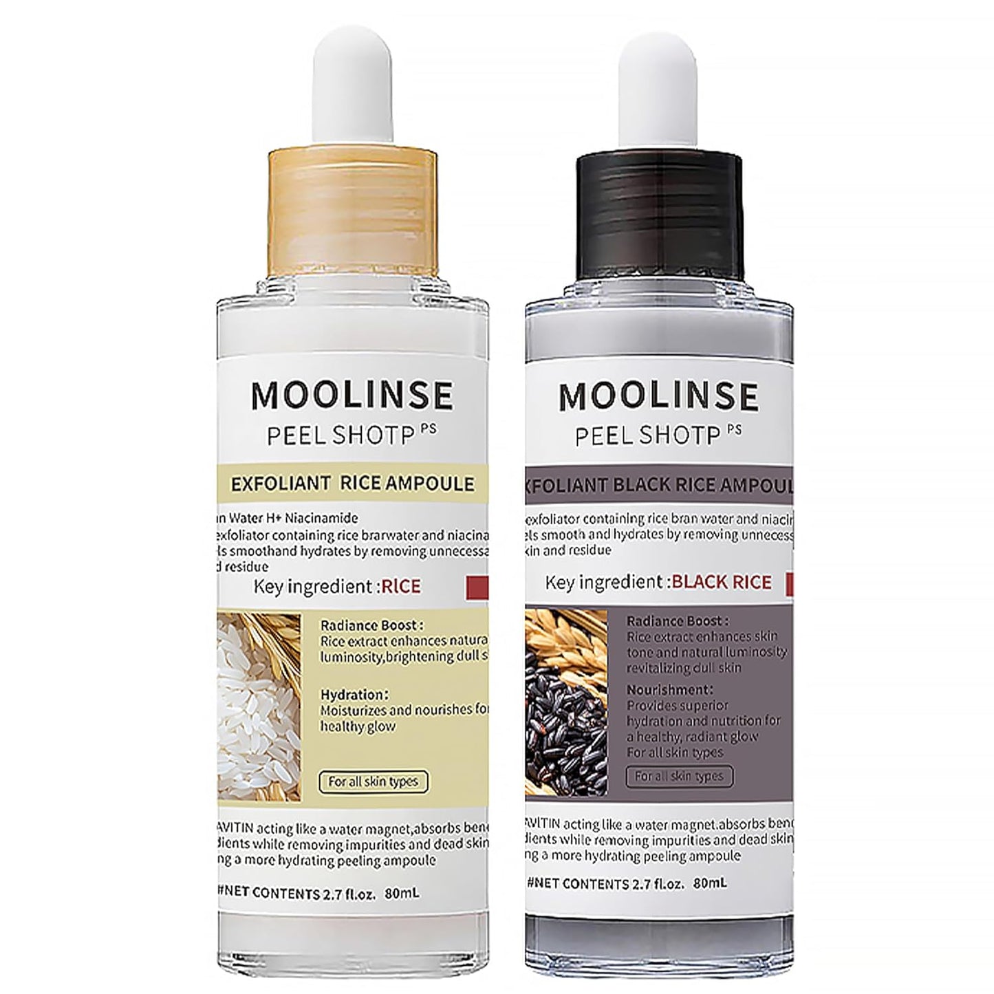 Glow Rice Ampoule Duo Set Day & Night | Exfoliating Facial Peels, Black & White Rice Extract, BHA Salicylic Acid, Niacinamide, Pore Refining & Oil Balancing