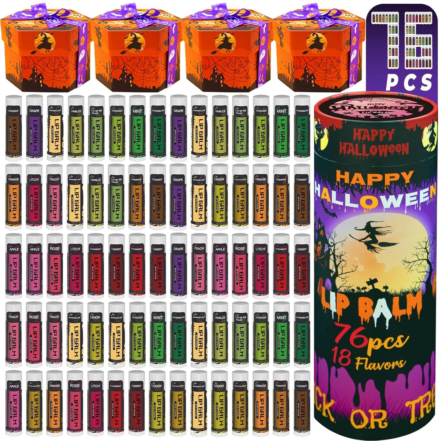 Yopela 76 Pack Halloween Lip Balm Party Favors, Lip Care Set with Vitamin E & Coconut Oil to Moisturize Repair Dry Chap Lips, 18 Flavors,Perfect for Trick-or-Treat Gifts or Goodie Bag Stuffers